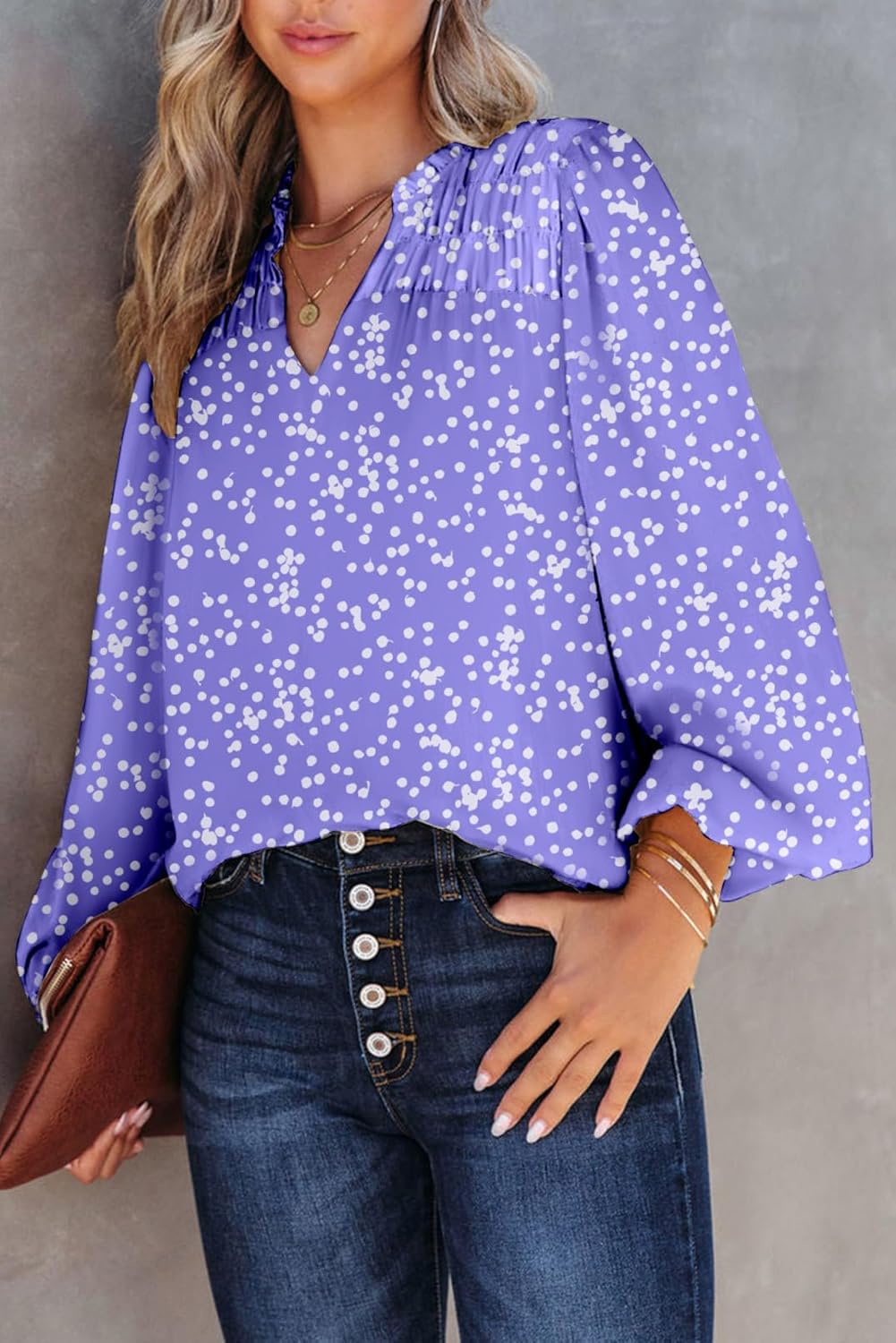 Dokotoo Women's Casual V Neck Alicia Floral Print Smocked Long Sleeve Chiffon Blouses Bohemian Top Shirts - Image 2