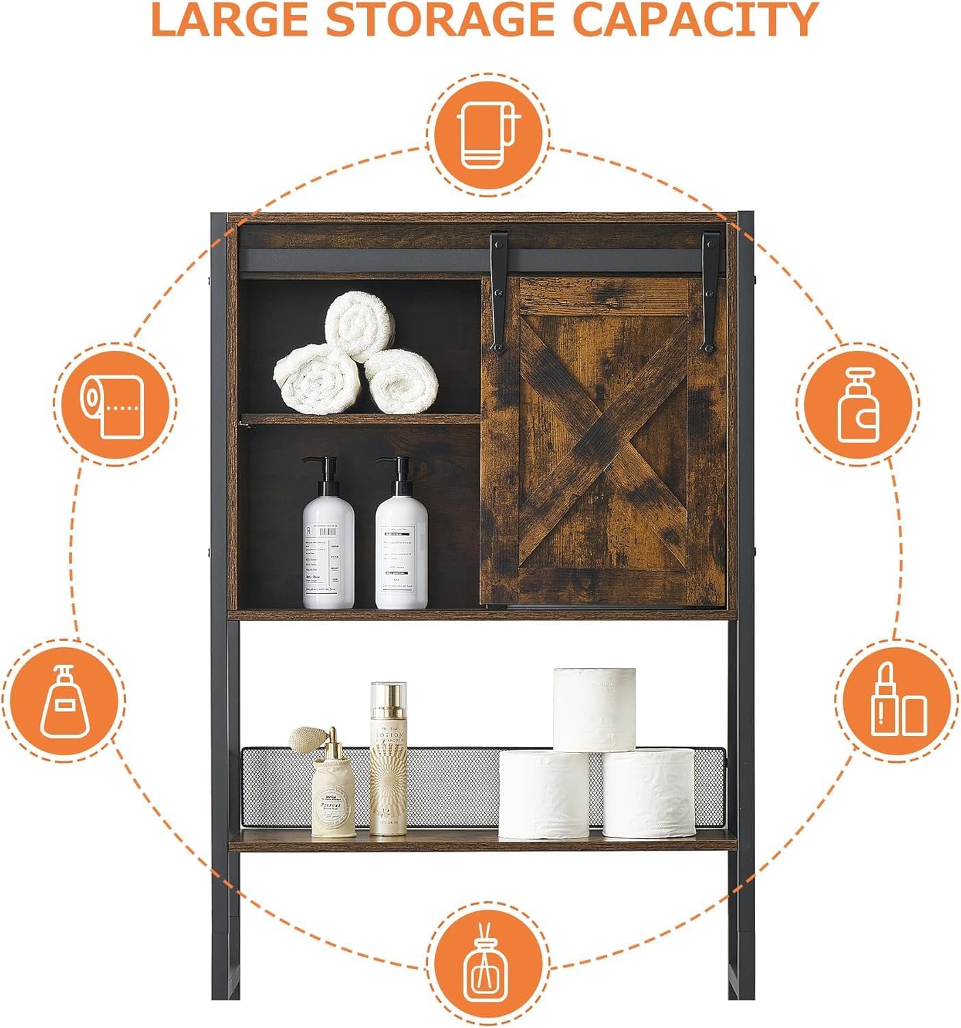 The Toilet Storage Cabinet, Bathroom Organizer with Sliding Doors, Adjustable Shelf for Bathroom,Restroom,Laundry, Brown.