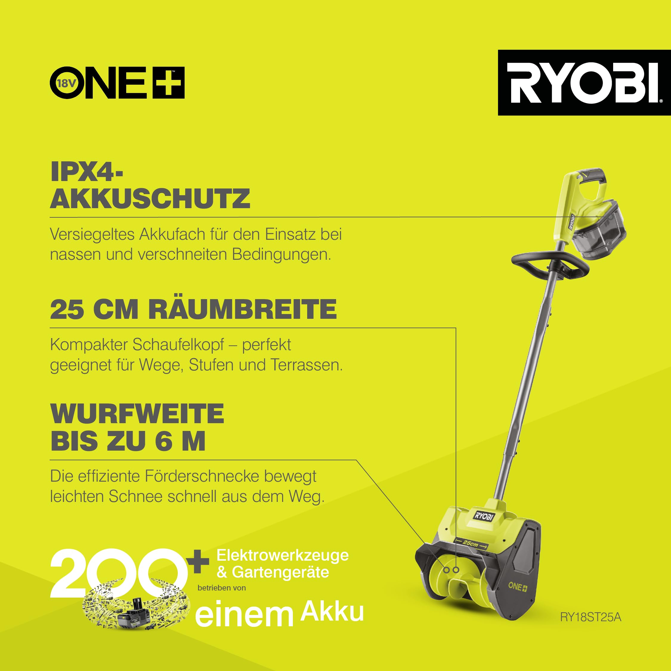 RYOBI 18 V ONE+ Akku‐Schneefräse RY18ST25A‐0, Räumbreite 25 cm, ohne Akku und Ladegerät