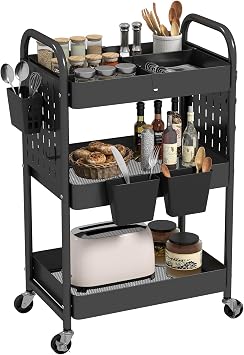 danpinera 3 Tier Rolling Cart, Metal Utility Cart with DIY Pegboard, Rolling Carts with 3 Dividers, Storage Cart with Hooks & Hanging Cups for Kitchen, Bathroom, Office