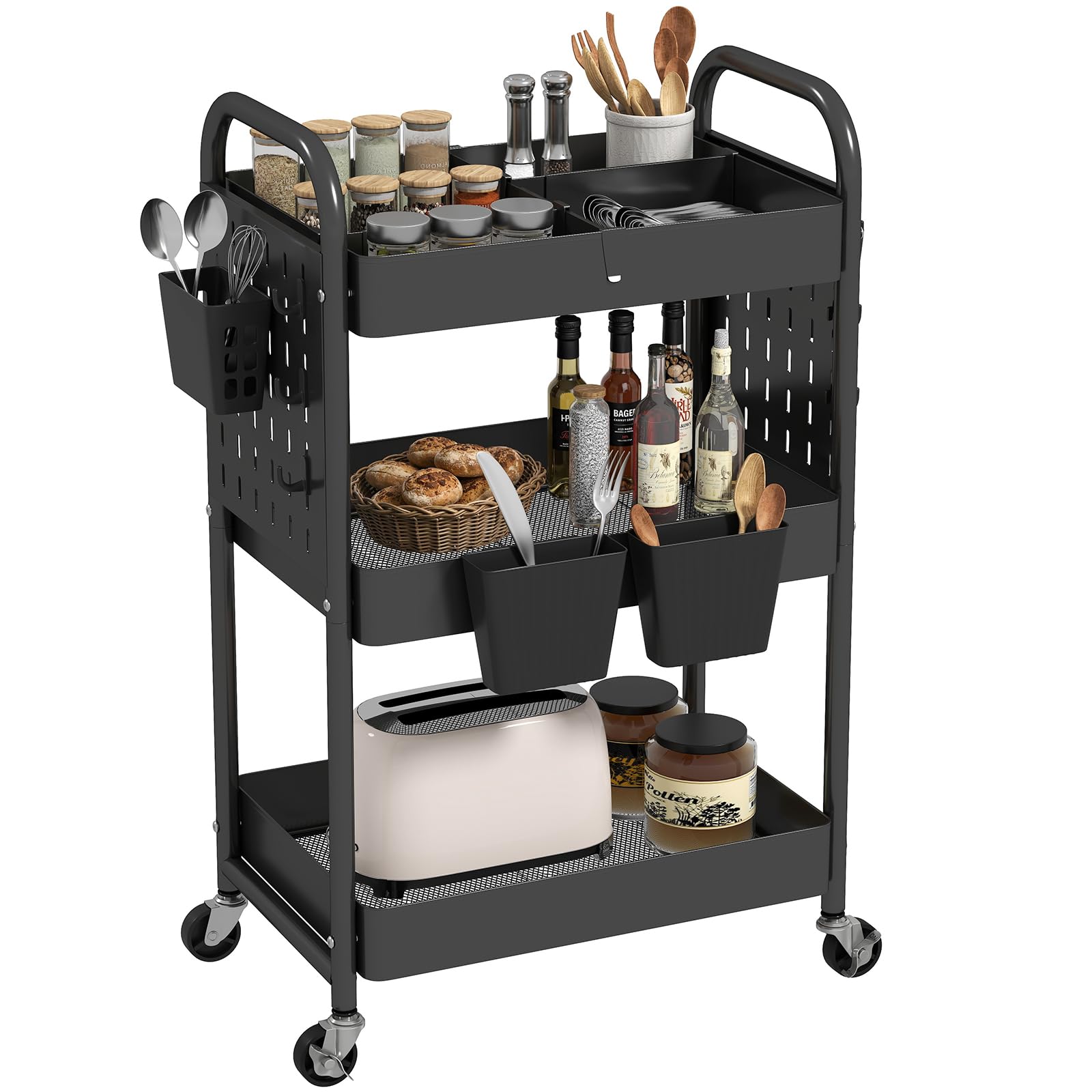 danpinera 3 Tier Rolling Cart, Metal Utility Cart with DIY Pegboard, Rolling Carts with 3 Dividers, Storage Cart with Hooks & Hanging Cups for Kitchen, Bathroom, Office
