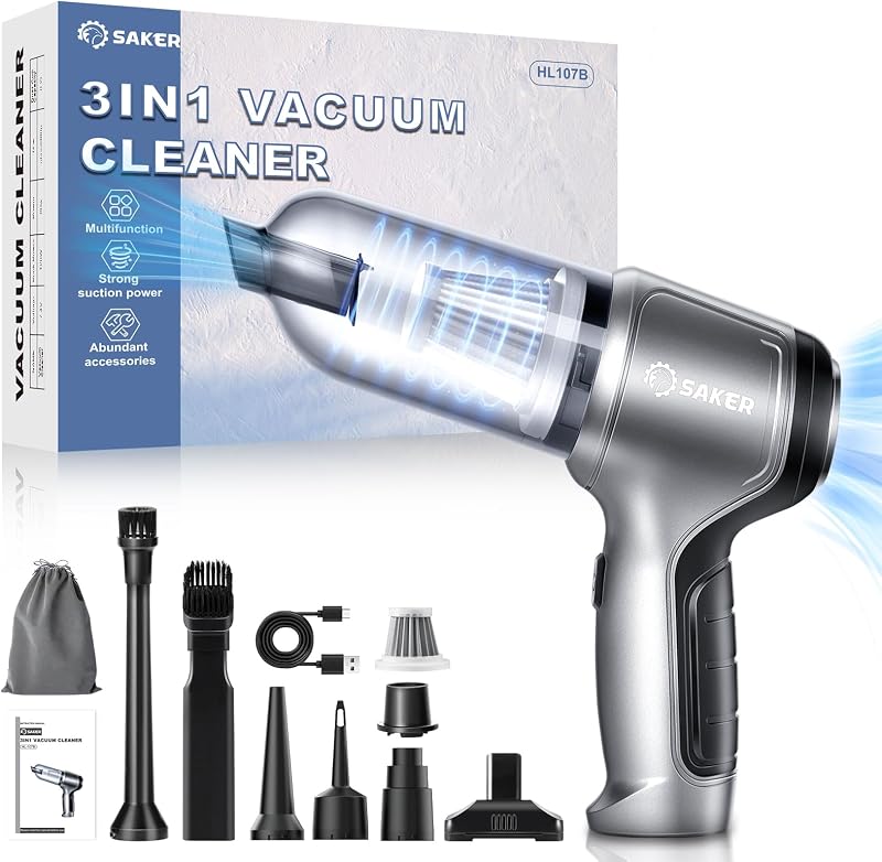 Handheld Car Vacuum Portable Cordless 15000PA HL107B Silver | 15000Pa Brushless Suction, Vacuum And Blower Modes, Washable Filters, Type-C Charging, And Accessories For Car And Home
