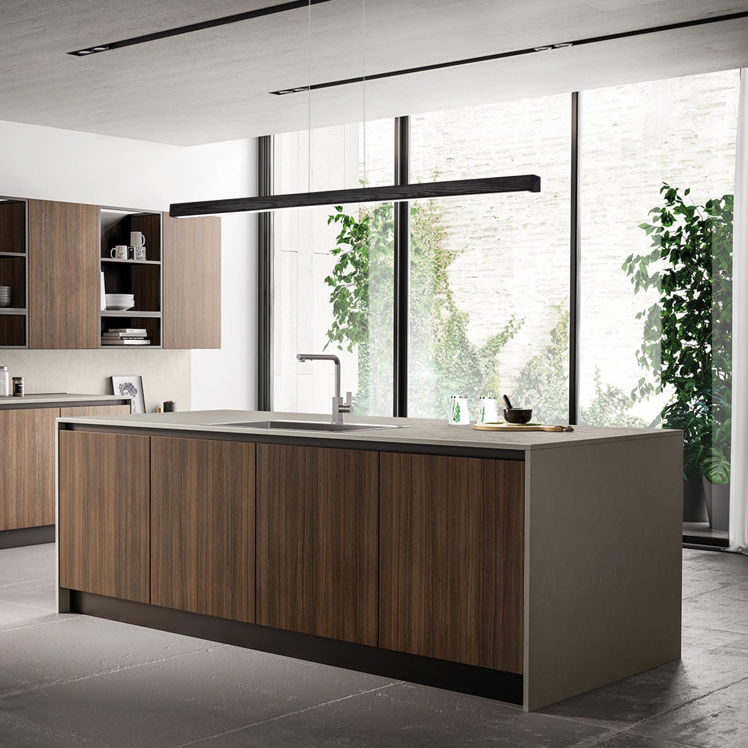 71 Inch LED Linear Pendant Light Black Wood LED Kitchen Island Lighting Dimmable Ceiling Hanging Chandeliers for Dining Room Living Room Bar Pool Table 40W Modern Farmhouse Fixture Black Wood Finish