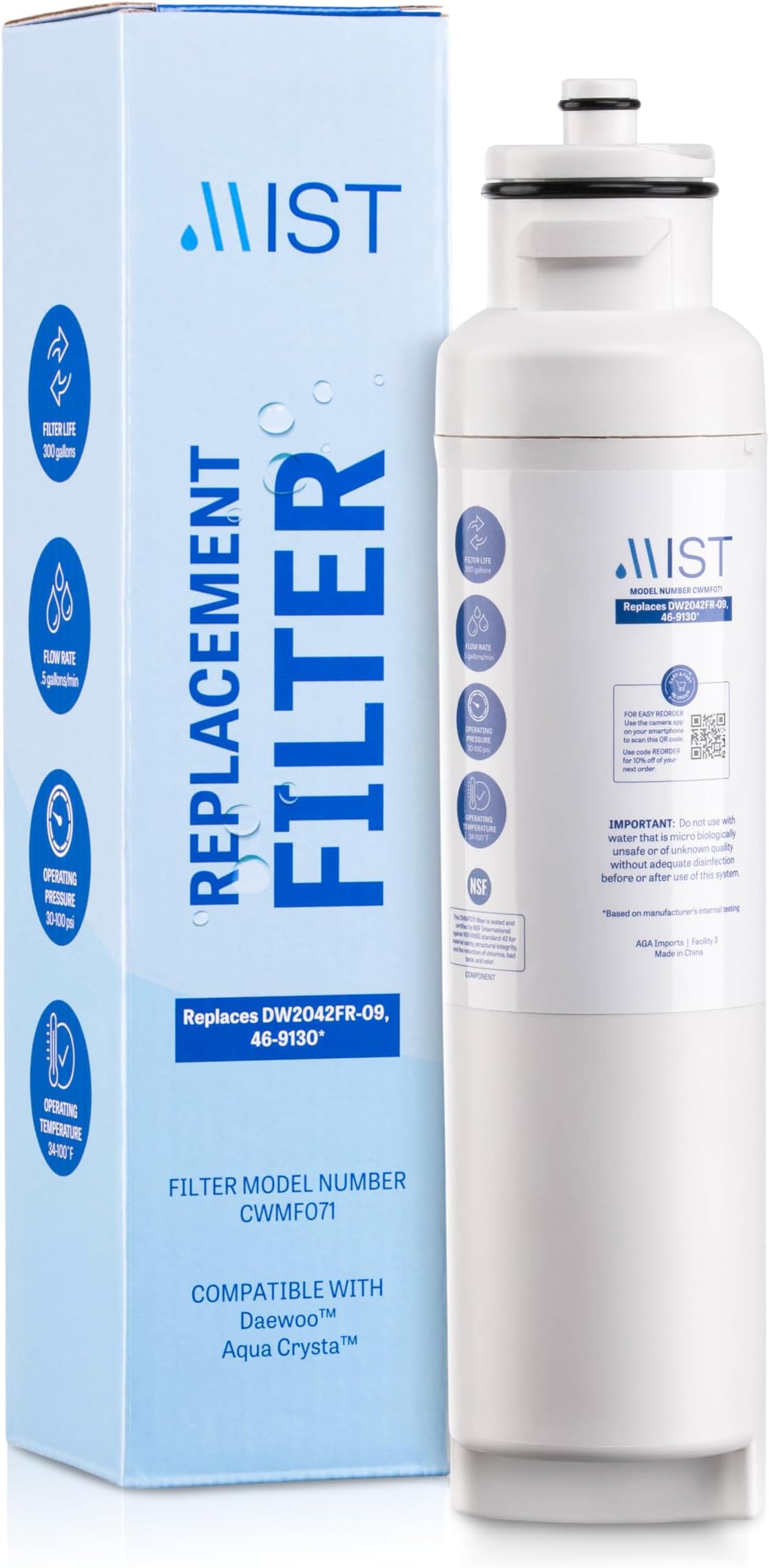 Mist DW2042FR-09 Water Filter Replacement for Daewoo, Refrigerator Water Filter Compatible with DW2042FR, Aqua Crystal DW2042F-09, Kenmore 46-9130. NSF Certified. Daewoo Water filter (1 pack)