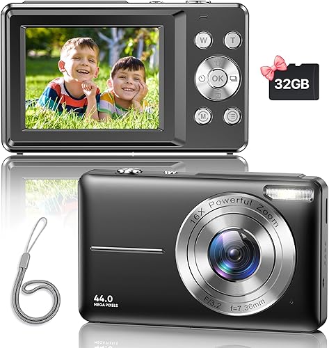 Cámara digital, cámara digital FHD 1080P mejorada con correa, tarjeta SD de 32 GB, zoom digital 16X, cámara compacta de punto y disparo para niños,