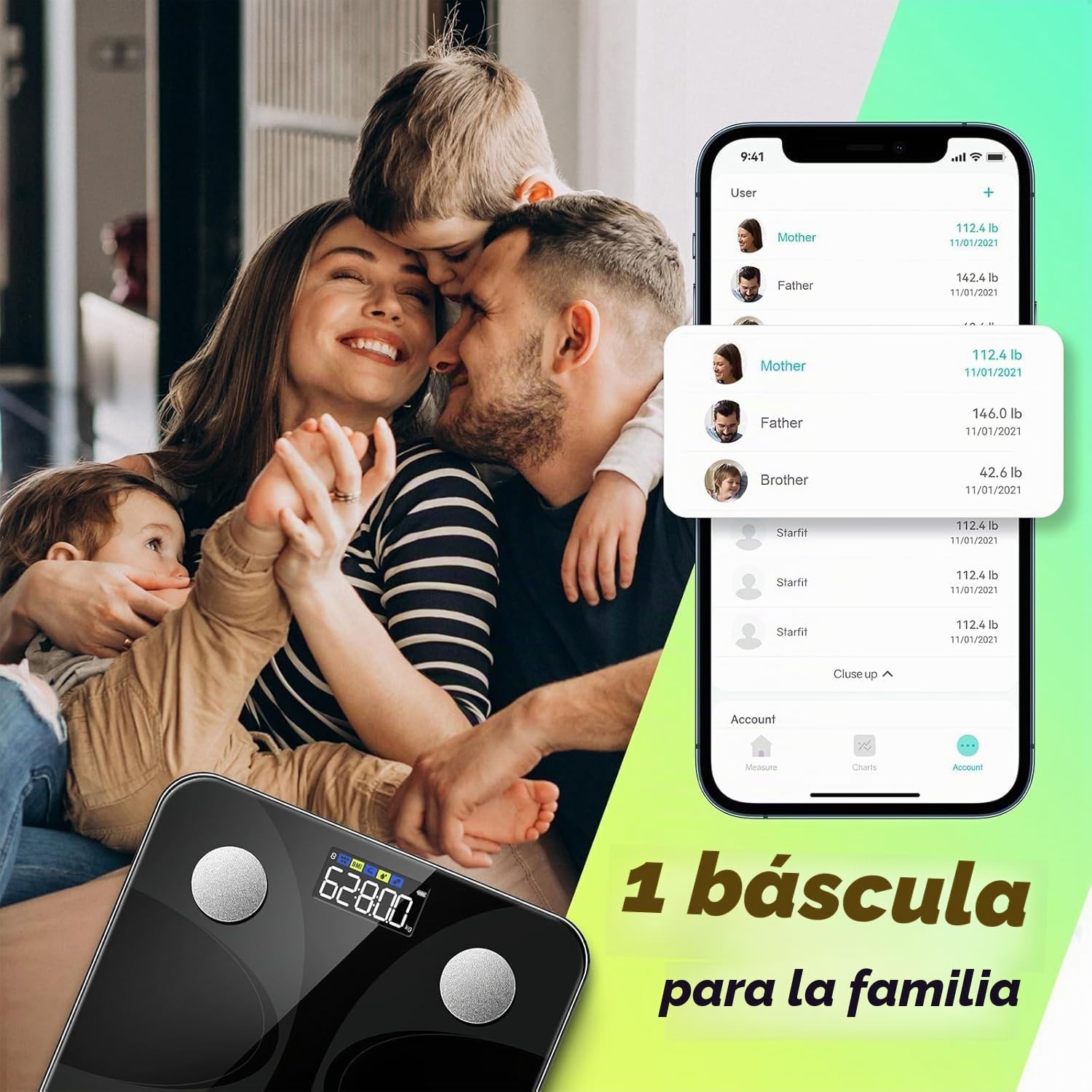 Runstar Báscula de Baño Digital Inteligente con App - Análisis de 13 Composición Corporal (Grasa, Músculo, IMC, Agua) y Alta Precisión hasta 180kg para Hombres y Mujeres