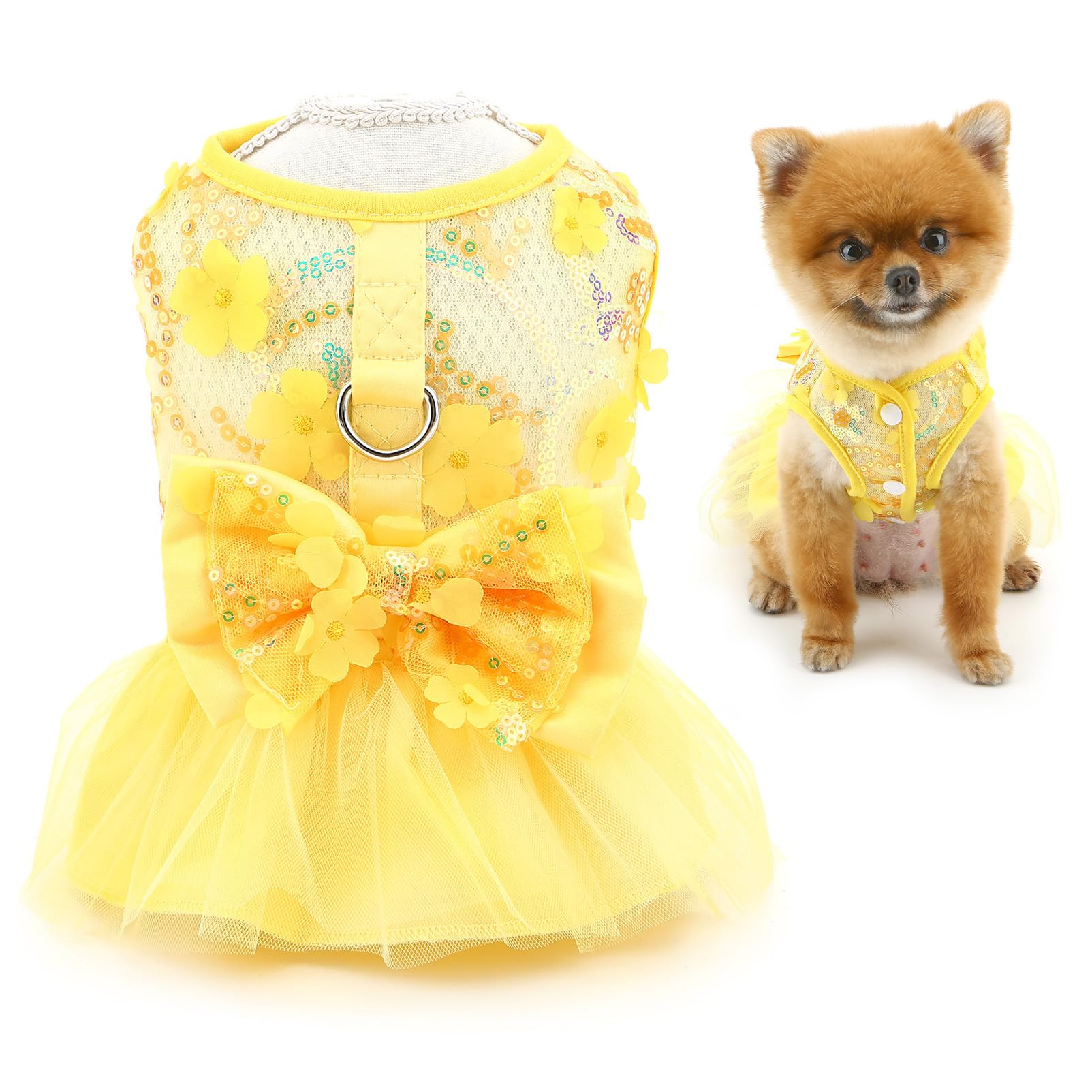 SMALLLEE_LUCKY_STORE Vestidos florales para perros pequeños, vestido con arnés para cachorros con anillo en D y lazo, falda de princesa de encaje para primavera y verano, ropa para mascotas, ropa de