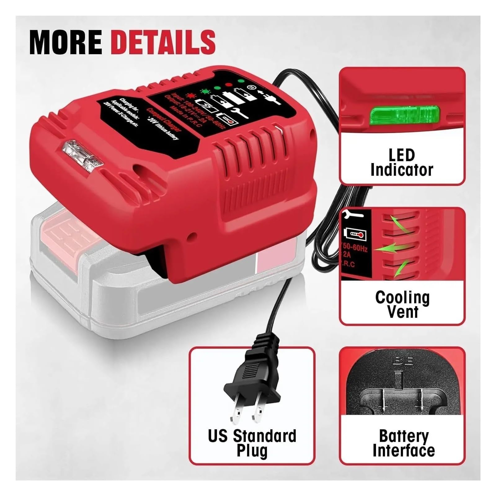 Chargeur de Batterie, Chargeur Portable for Batterie Li-ION 20 V, Station de Charge avec indicateur LED, Mini Chargeur