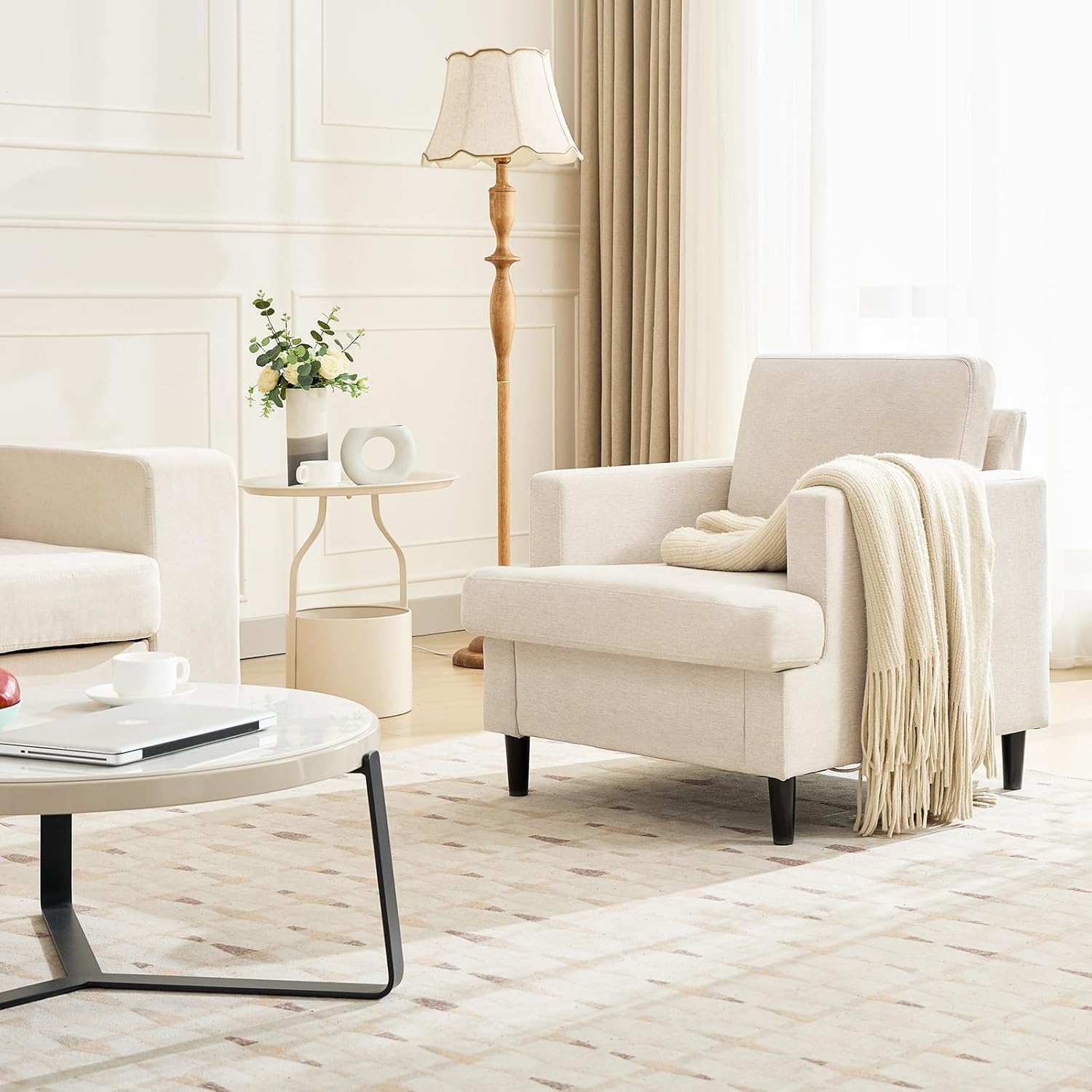 Sillón de sala de estar, sillas modernas de mediados de siglo, cómodas tapizadas de tela de lino, silla individual, silla de lectura para dormitorio con patas de madera maciza (76D * 86S