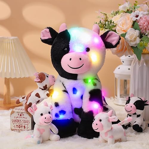 Miniatura 5 de Sumind Juego de 5 animales de peluche de vaca con 4 vacas lindas en su barriga, mamá vaca y bebé vaca de felpa pequeña para niños pequeños y niñas