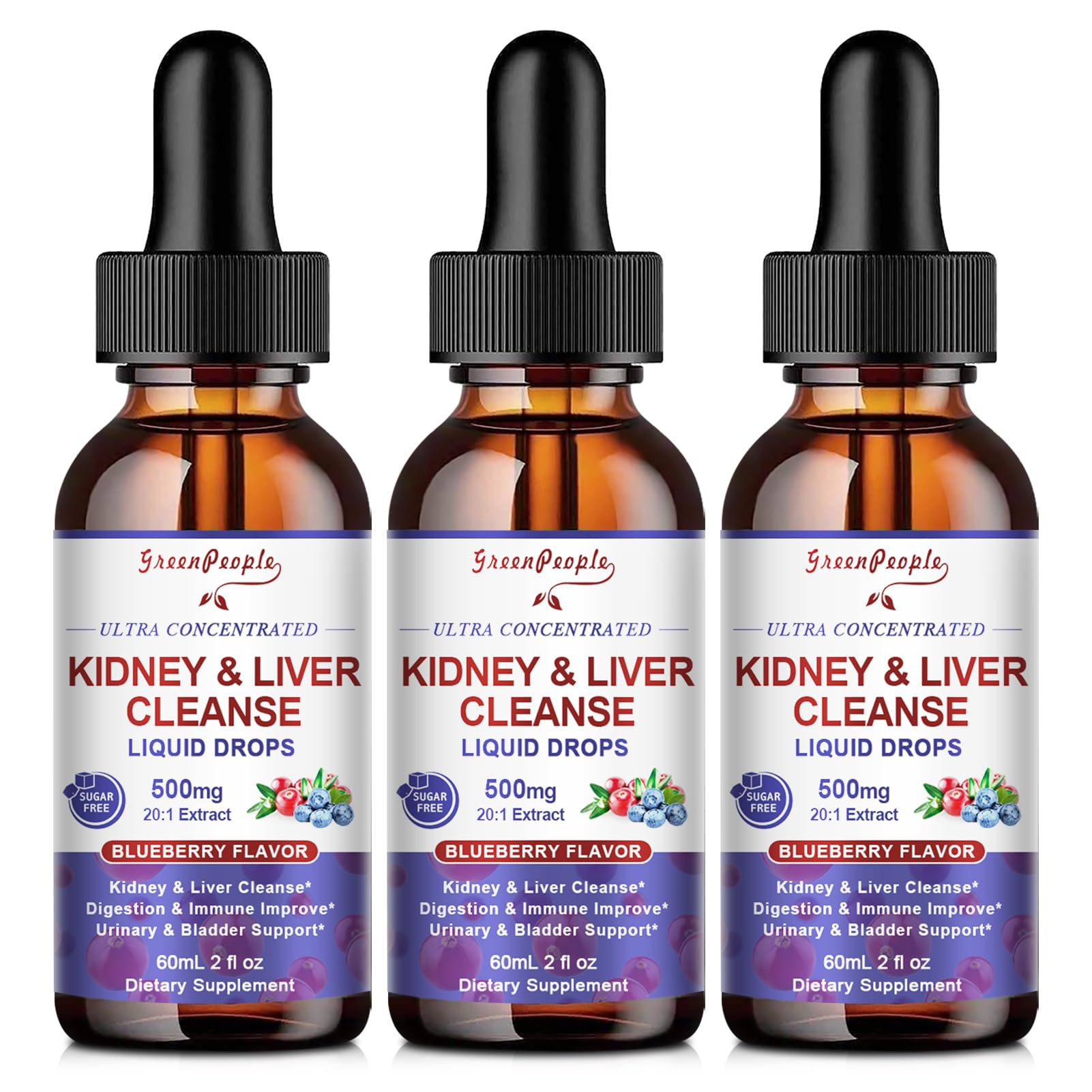 27-in-1 Kidney Cleanse Detox & Repair Drops - 20:1 Cranberry Extract & Chanca Piedra - Urinary Tract & Liver Cleanse - Vegan Kidney Support Supplement - Alcohol-Free, Non-GMO (2 Oz 3 Pack)