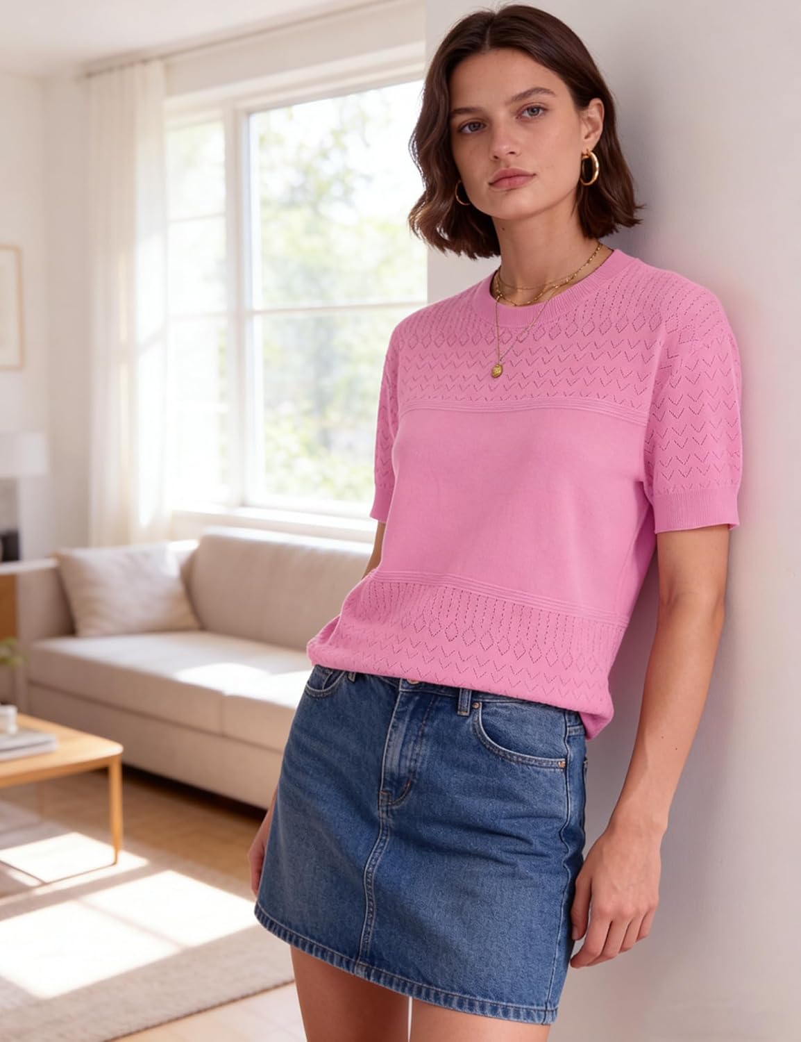 Short Sleeve Sweater for Women 2026 Spring Summer Crew Neck Eyelet Knit Shirts Loose Fit Lady Casual Blouse Tunics - Image 4