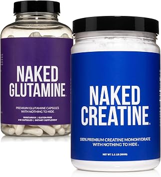 NAKED Pure Micronized Creatine Monohydrate 100 Servings + Pure L-Glutamine 240 Capsules Bundle Vegan, Non-GMO, Gluten Free. Minimize Muscle Breakdown & Improve Protein Synthesis. Nothing Artificial