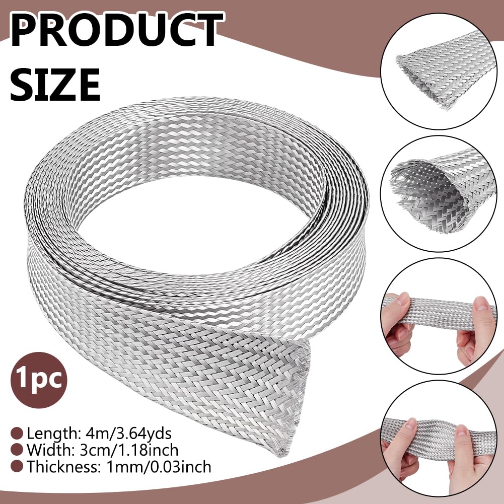 NBEADS Funda trenzada de acero inoxidable de 4 m, cable blindado, funda de conexión a tierra, cinta de red escalable de 3 cm de ancho para la protección de los cables