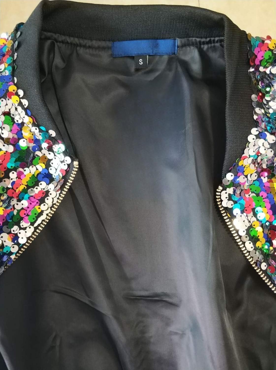 Blouson aviateur à paillettes colorées pour femme – Blazer à paillettes brillantes à paillettes avec fermeture éclair à l'avant – Manteau tendance pour concert, fête, Noël, danse, multicolore