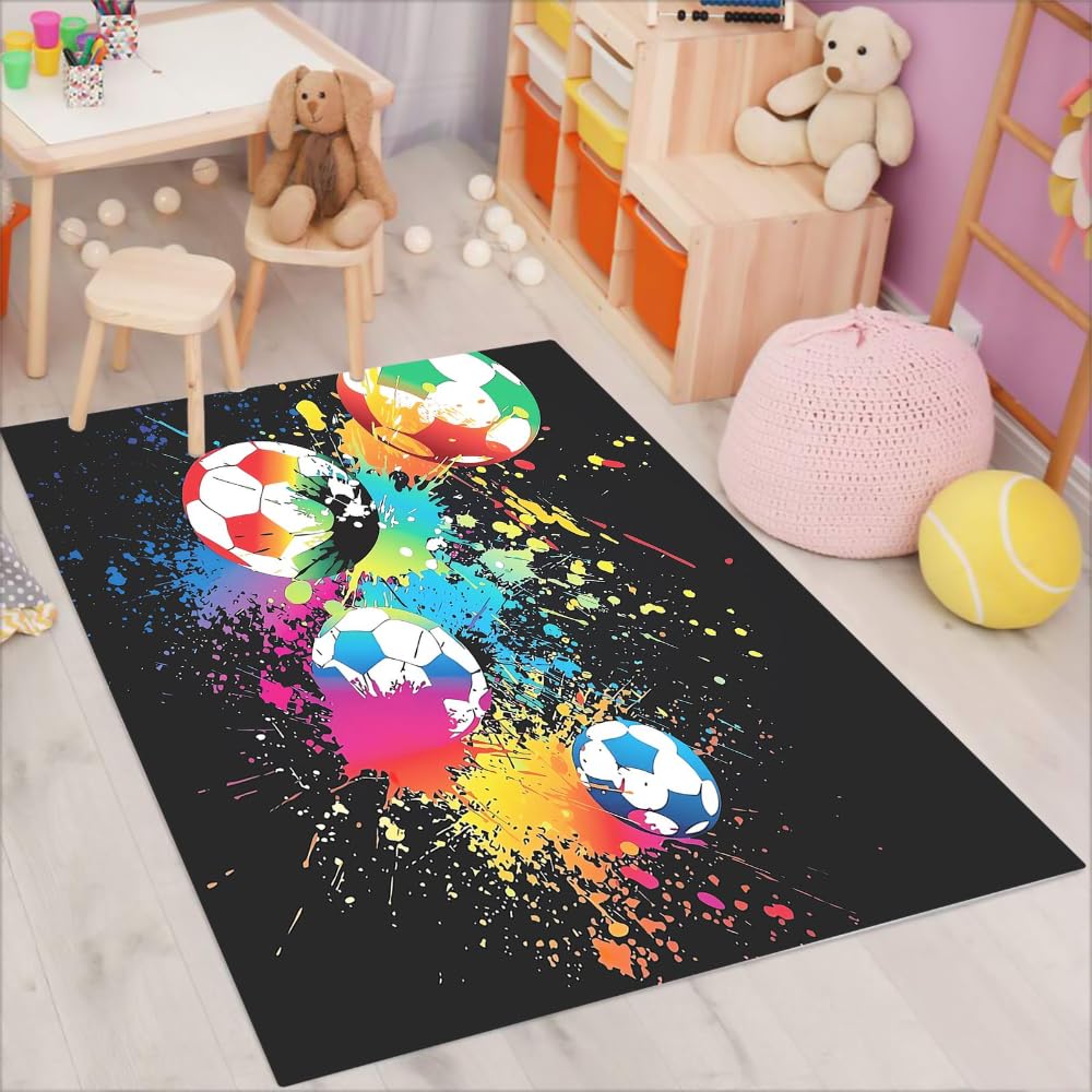 Fußball Mit Farbspritzern Teppich，Cartoon-Muster Teppich 80x160cm，Wohnzimmer Schlafzimmer Kinderteppich Kinderzimmer Mädchen Junge