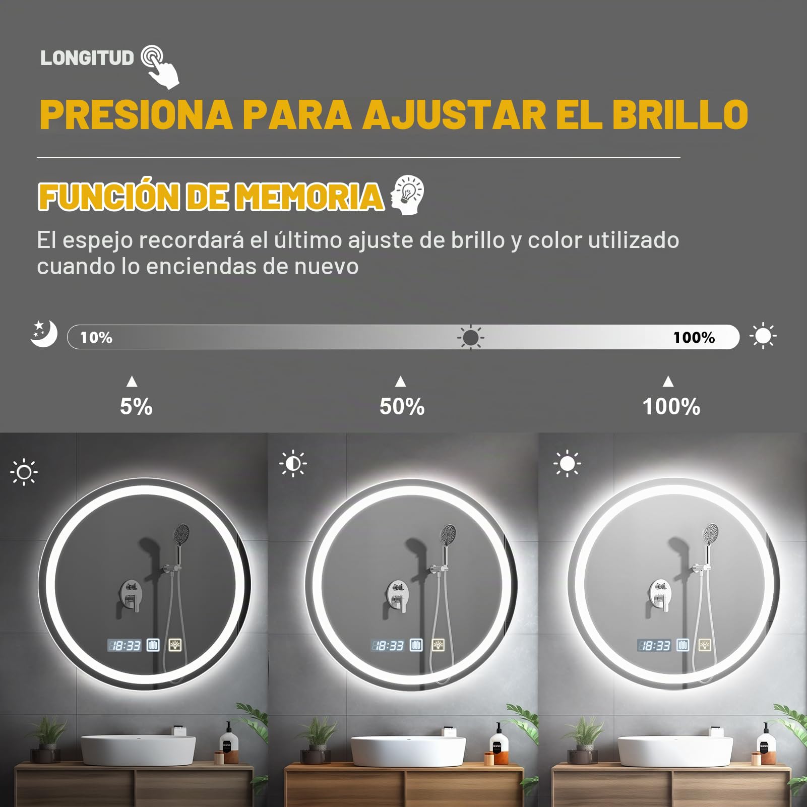 Espejo Baño con Luz 60 x 60 cm, Espejo LED baño Regulable Circular con Función Antivaho, 3 Temperaturas de Color, Ajustes de Tiempo, Función de Memoria, Sensor Táctil, Luz de Doble Cara