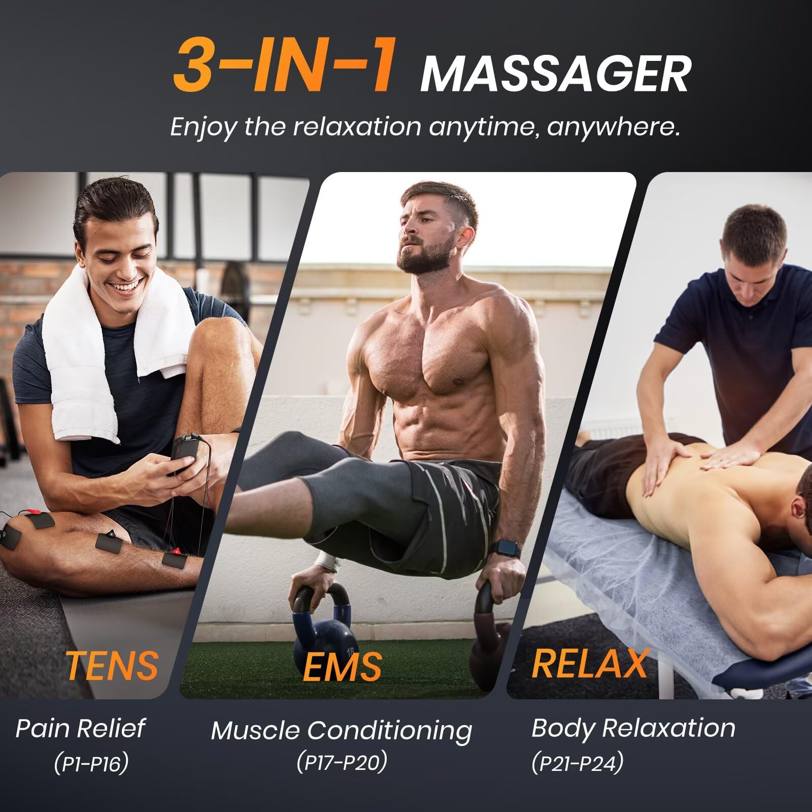AVCOO 3-in-1 TENS Unit Muscle Stimulator for Pain Relief, 24 Modes, EVA Bag — Amazon image 3