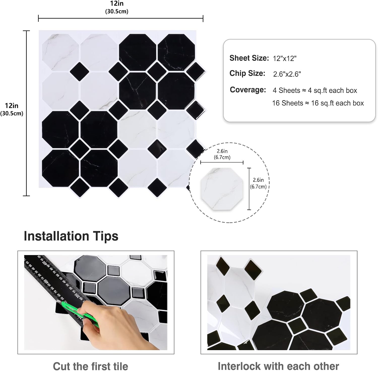 CRE8TIVE 4 Sheets Peel and Stick Backsplash for Kitchen and Bathroom Waterproof Black White Peel and Stick Tile Back Splash Stick on Tile 3D Octagon Square Mosaic Tile Stickers for Living Room 12"x12"