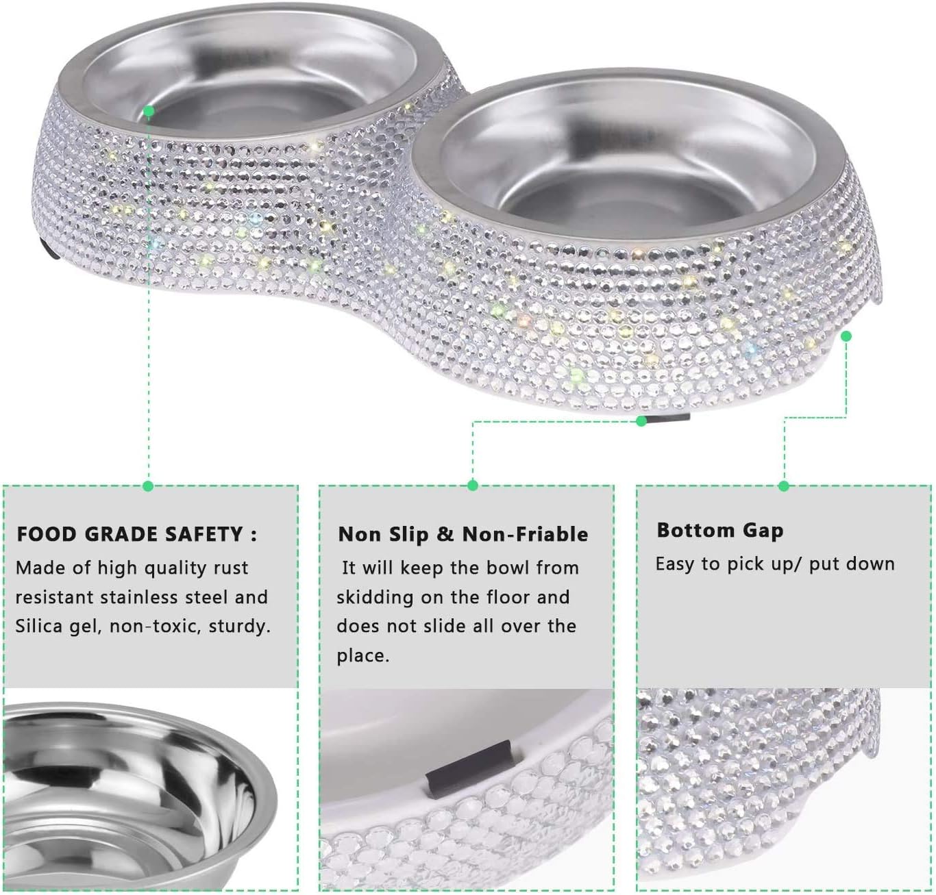 SAVORI Small Dog Bowls, Handmade Bling Rhinestones Stainless Steel Pet Bowls Double Food Water Feeder for Puppy Cats Dogs Cats (Silver-320ml)