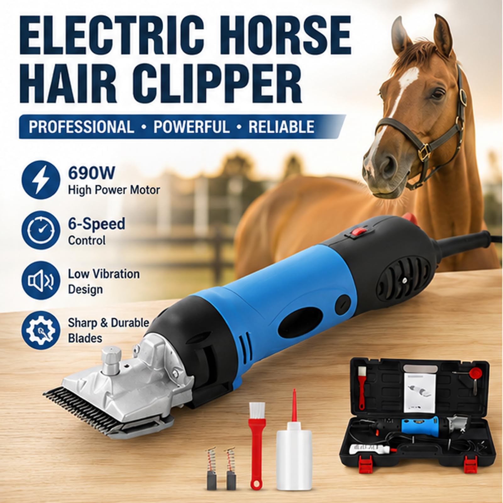 Tosatrici elettriche per cavalli, kit professionale per toelettatura peli animali con 6 velocità regolabili, cesoie per bestiame a basse vibrazioni, trimmer resistente per cavalli, pecore, bovin Blue
