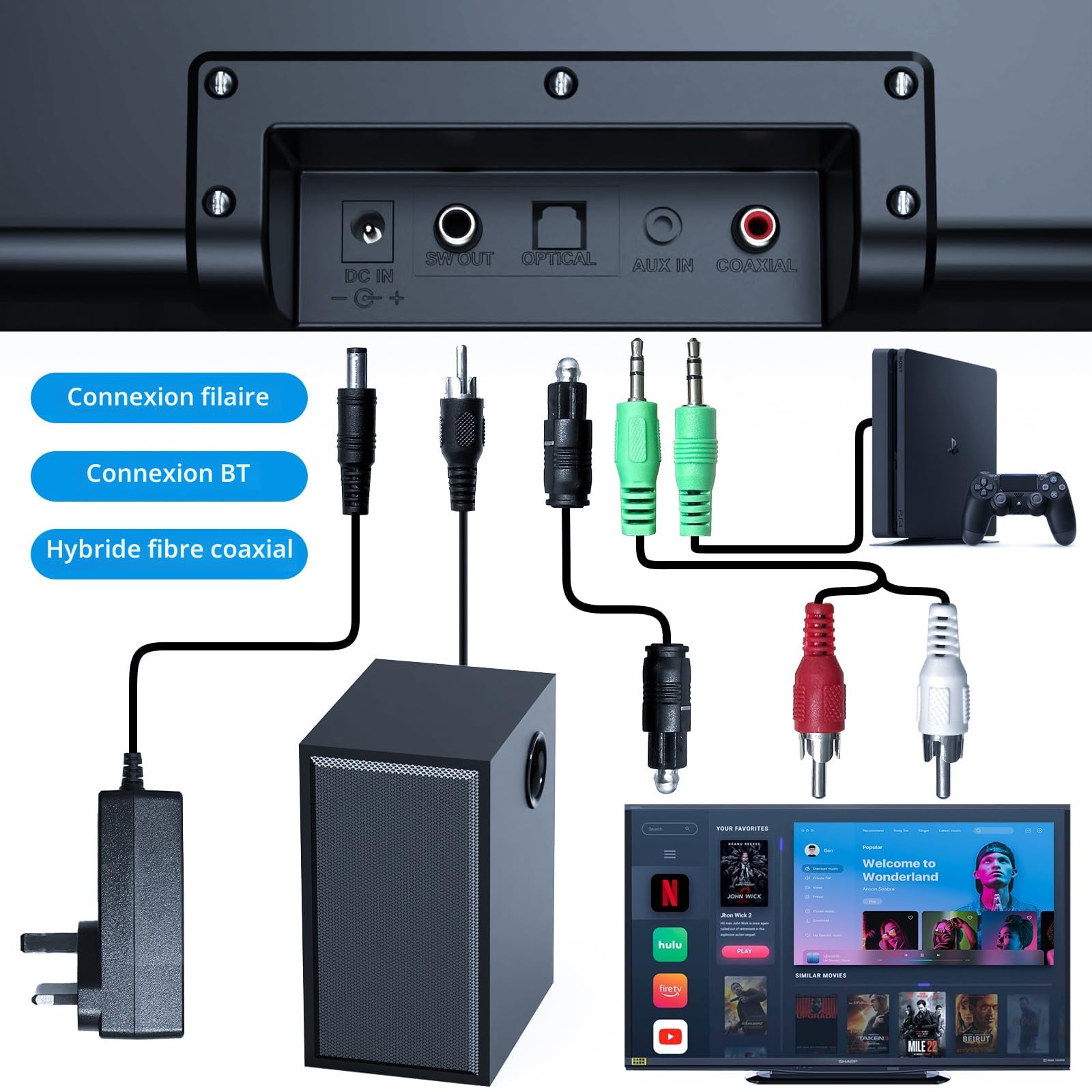 Smalody Haut-parleurs TV, Home Cinéma Haut-Parleur Audio sans Fil Barre de | Barre de son home cinéma avec caisson de basses, prend en charge Bluetooth, optique, AUX et coaxial