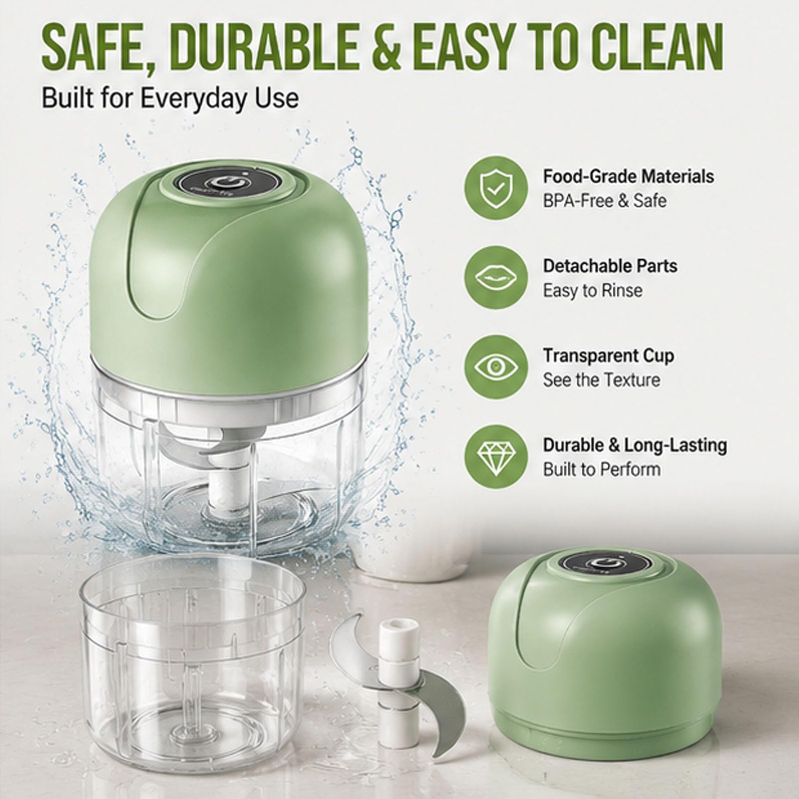 Tritaglio d'Aglio Elettrico, Mini Robot da Cucina Portatile da 250ml | 3 lame affilate, tritatutto per verdure, schiaccia aglio, trita cipolle, ricaricabile, per zenzero, peperoncino(2PCS-Green)