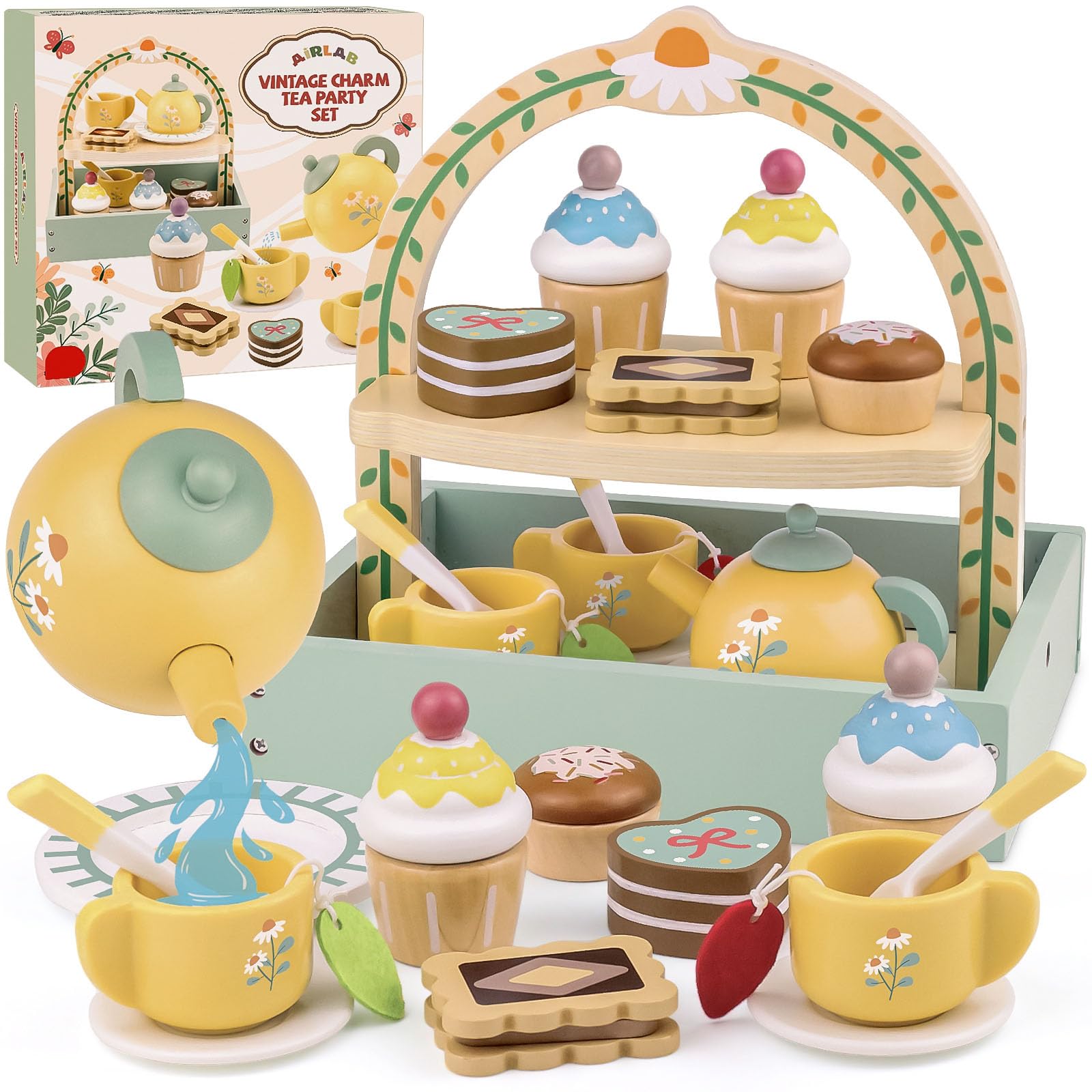 Airlab Set da Tè Bambina Accessori Cucina Giocattolo per Bambini in Legno | Accessori Cucina Legno per Bambini Bambina con Paniere, Cibo Finto Giocattolo Bambino Cucina, Regalo Bimbo Bimba 3 4 5 Anni