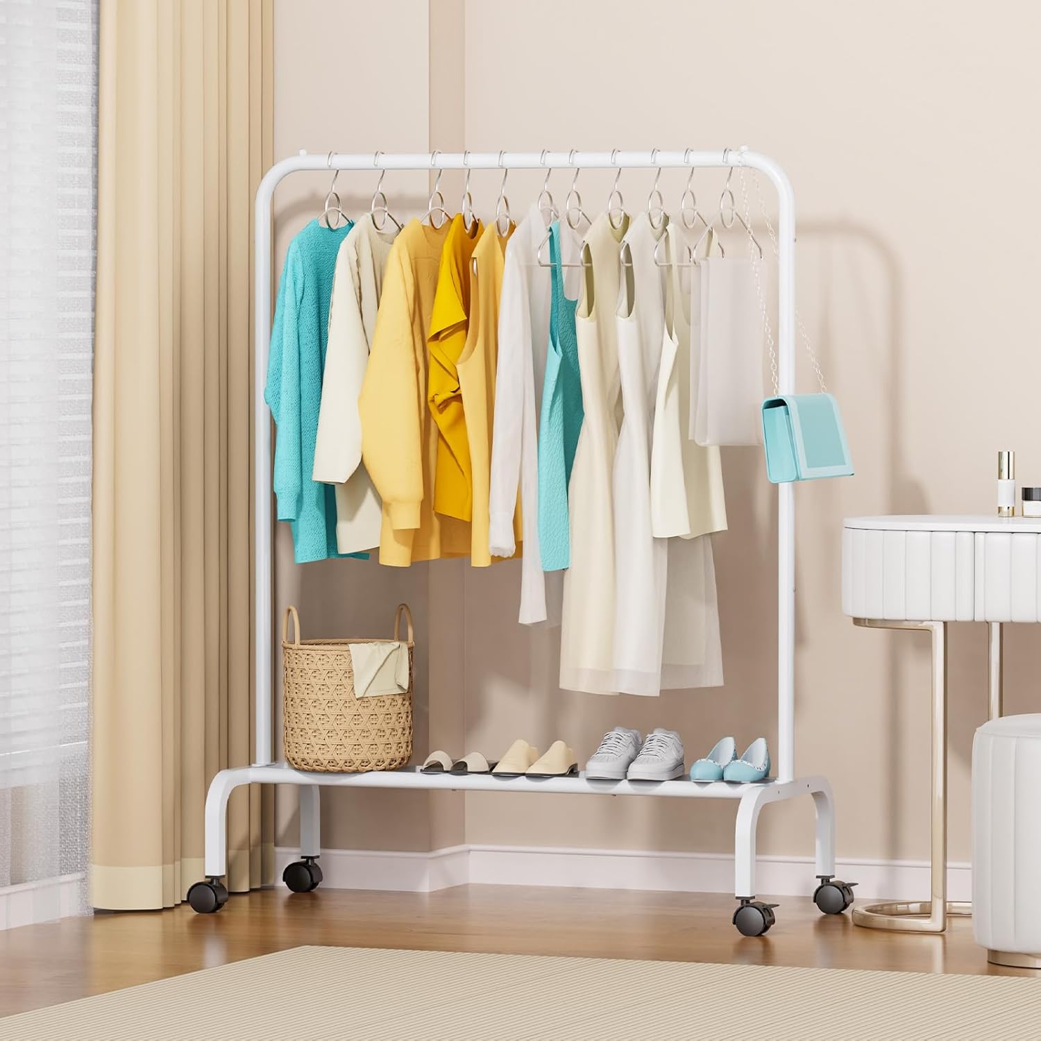 rolling clothing racks for hanging clothes, garment rack for clothes to hang, metal portable wardrobe rack for coats, jackets, shirts, dress,white