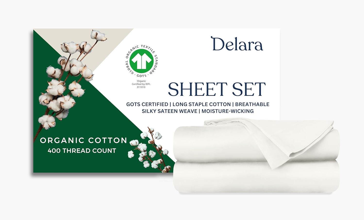 Delara GOTS Certified 100% Organic Cotton Fitted Sheet, 400TC, Long Staple Cotton, Ultra Soft, Silky, Moisture-Wicking, Smooth & Breathable, 360-Degree Elastic 16” Deep Pocket