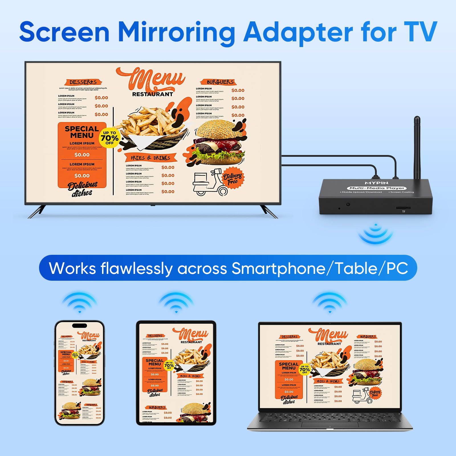 Lettore Multimediale Pubblicitario per Segnaletica Digitale o TV, Adattatore Display Wireless con Mirroring dello Schermo, Condivisione Foto, Riproduzione in Loop e Automatica