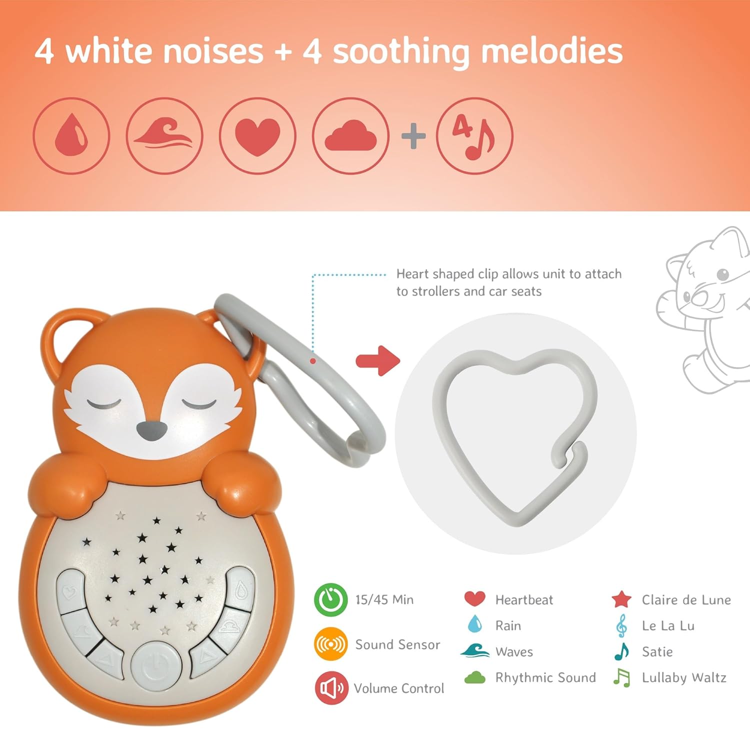 Cloud b Travel Comforting Sound Machine w/Calming Light | 4 White Noise and 4 Lullabies | Re-Activating Smart Sensor | Sweet Dreamz On the Go™ - Fox Sweet Dreamz on the Go - Fox