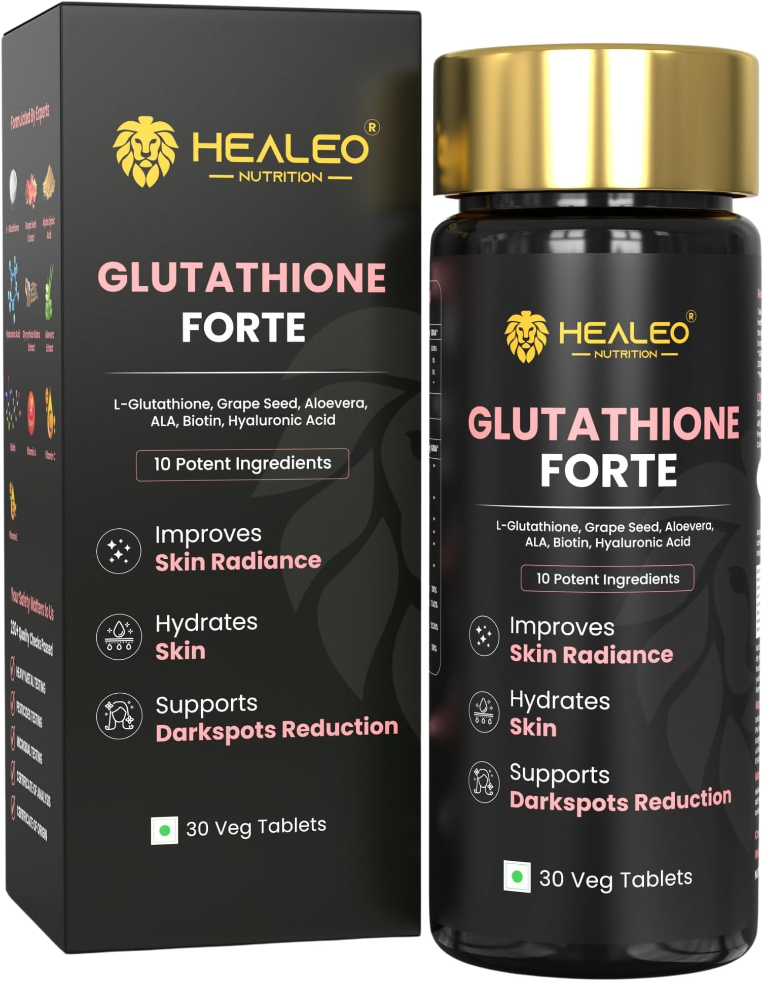 - Healeo Glutathione Forte 1200mg with 99% Pure Glutathione, Hyaluronic Acid, ALA, Vitamin C, Aloe Vera For Glowing Skin - Acne Scar & Dark Spot Removal Supplement - Lab Tested - 30 Veg Tablets