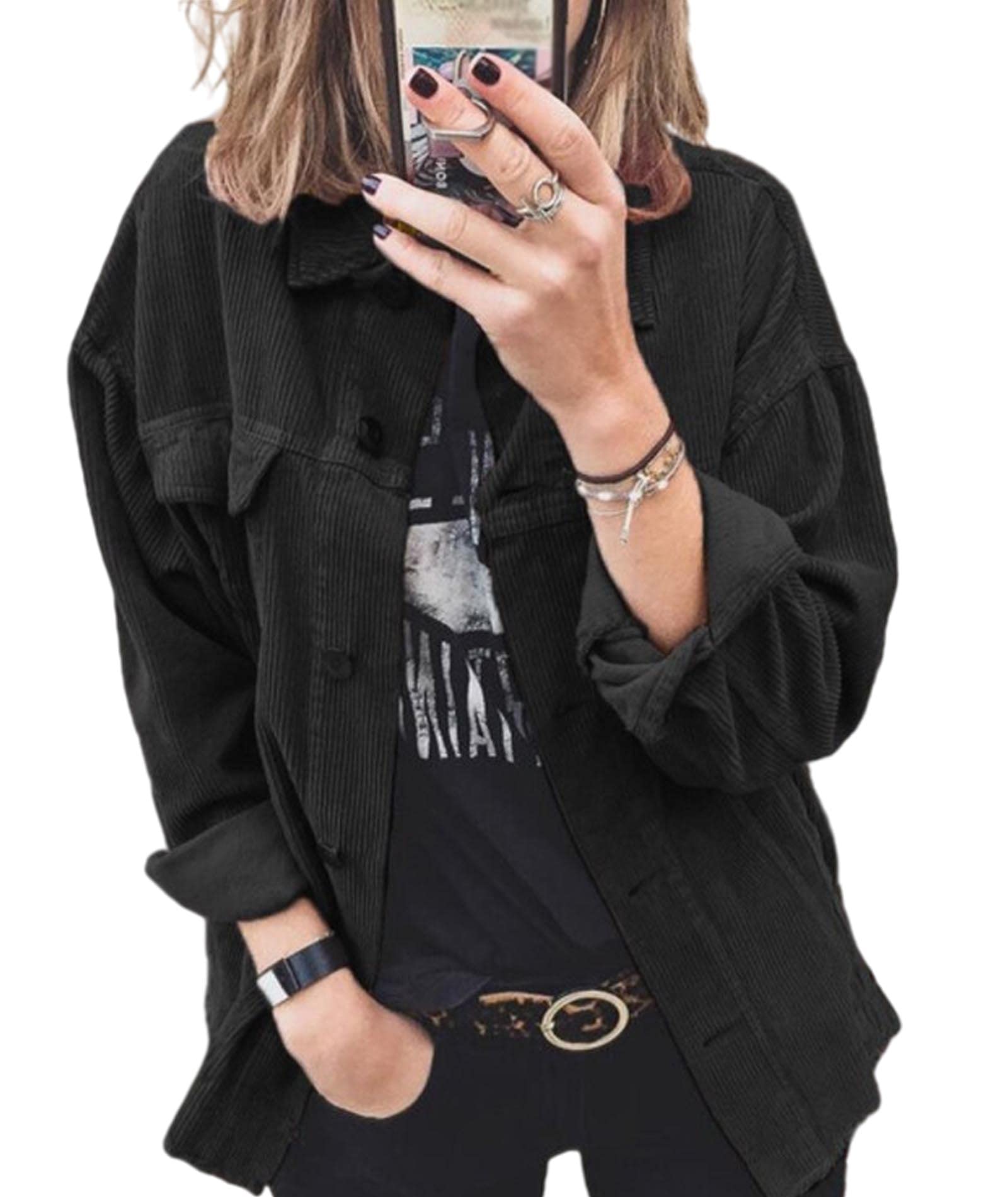 Women's Shirt Plus Size Corduroy Long Sleeve One Pocket Loose Solid Oversized Button Down Blouse Top Autumn Winter