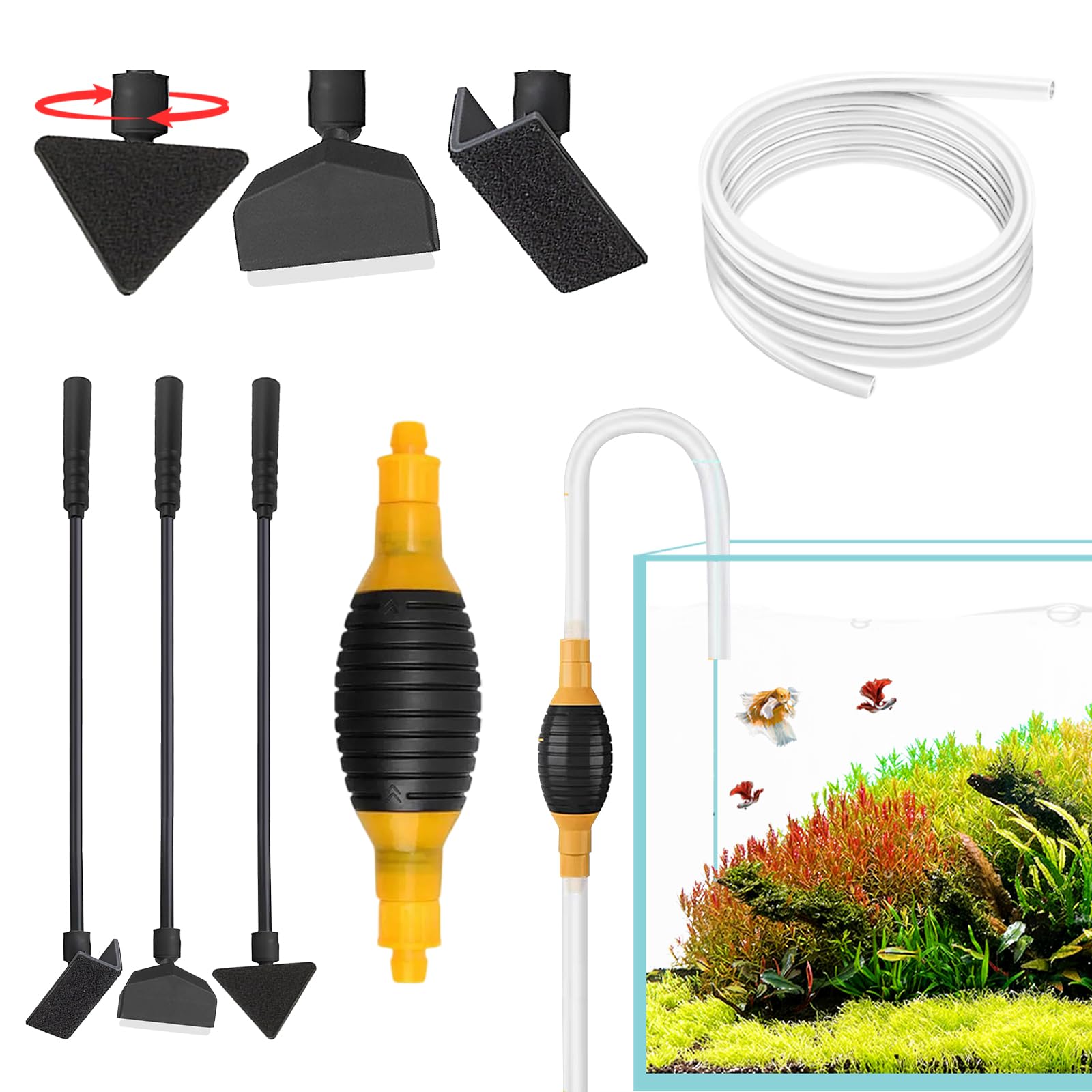 Multifunctional Fish Tank Cleaner & Gravel Cleaner Kit, Aquarium Siphon Vacuum Pump with 1m Hose, Air Bulb & 2 Lock Caps