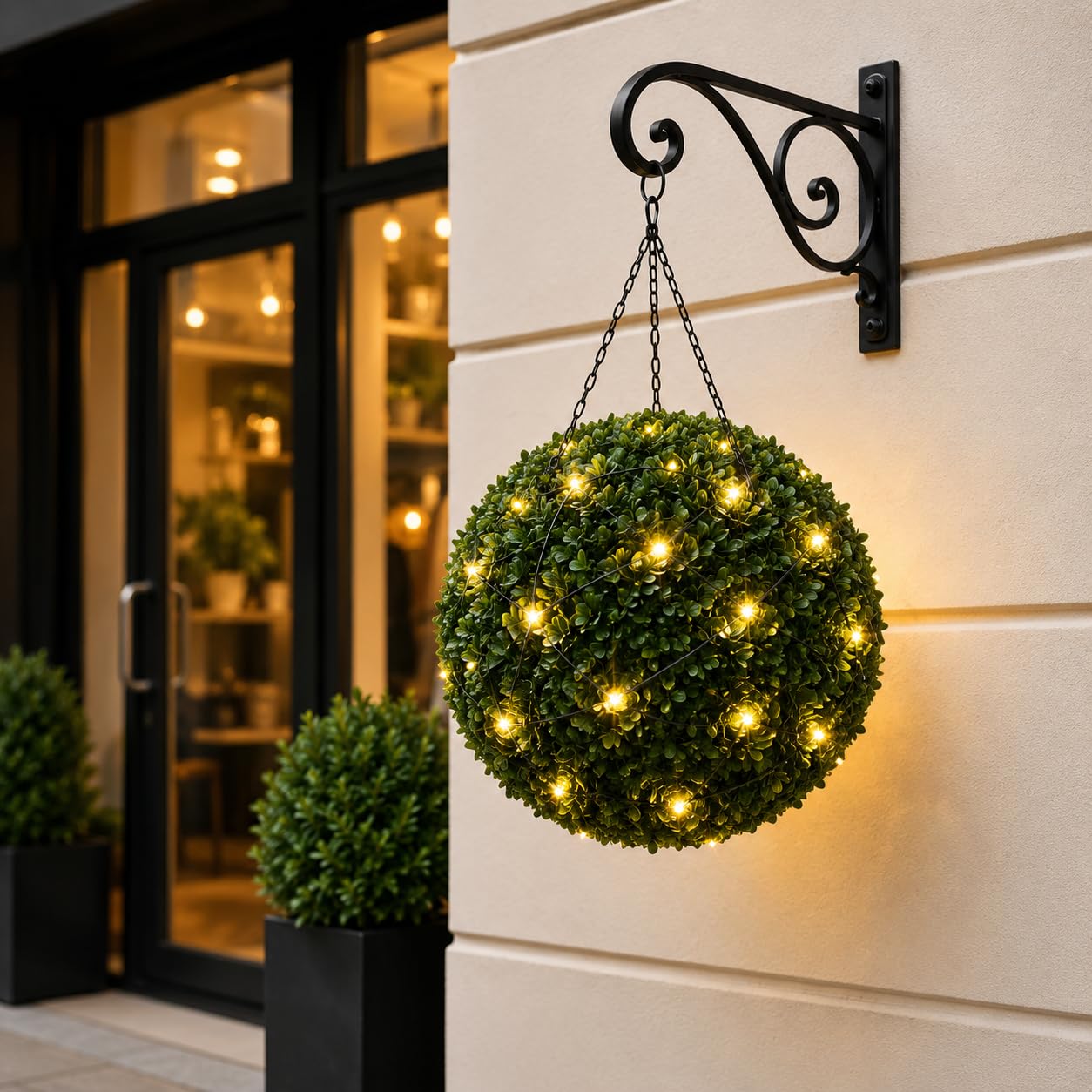 CASVO 28CM Solar Topiary Ball with 20 LED Flower Lights – Artificial Boxwood Garden Sphere, Solar Powered Outdoor Decoration for Wedding, Patio, Lawn, Balcony & Garden Décor, Green (1x)