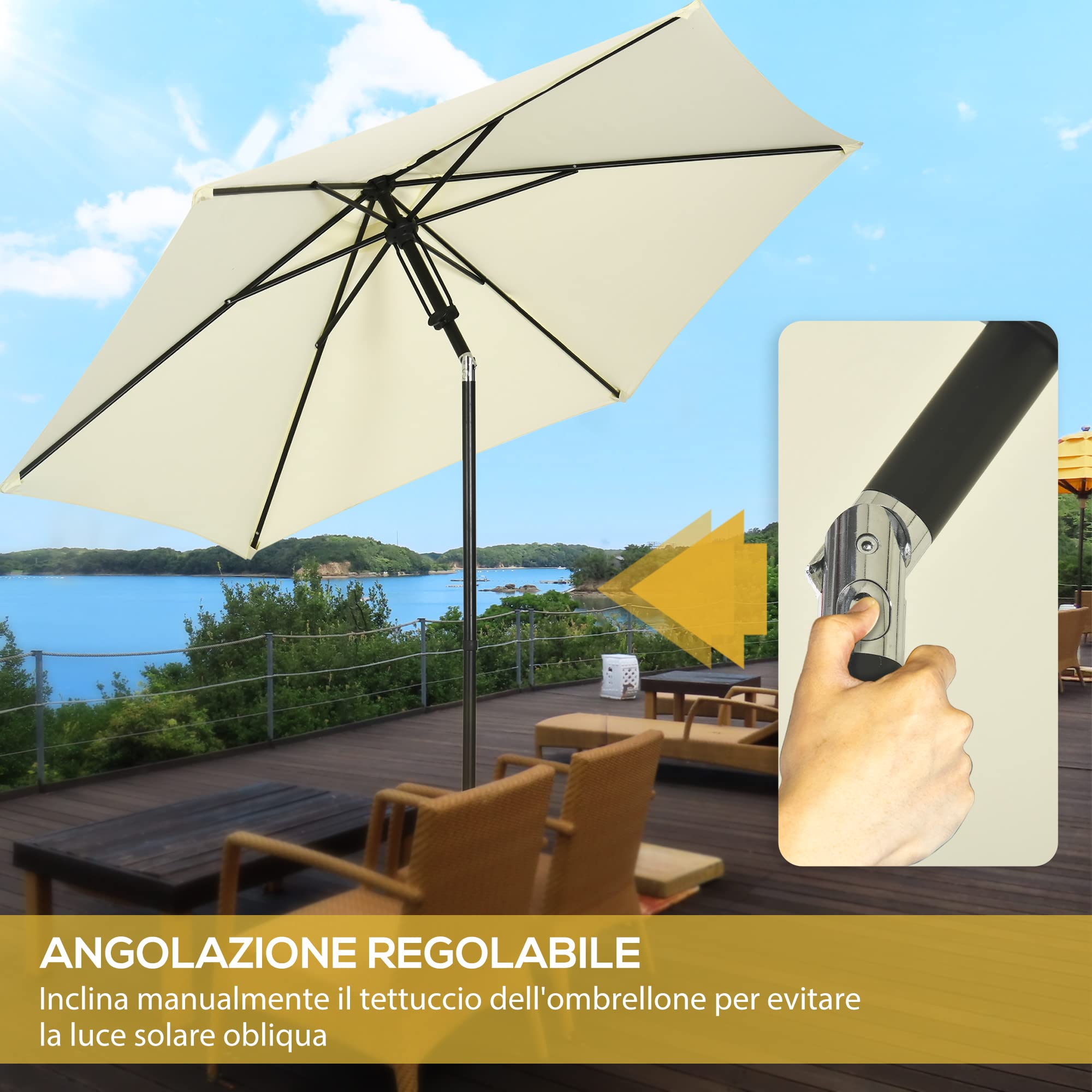 Outsunny Ombrellone da Giardino con Tettuccio 45° 2.7x2.5 m Beige e Nero | Poliestere e Metallo, 6 Stecche