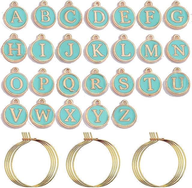 Aylifu 52pcs 12 mm Round Light Green Alphabet Charms Enamel Initial Letter Pendants and 60pcs 25 mm Golden Wine Glass Marker Rings for Wine Tasting Party Decoration