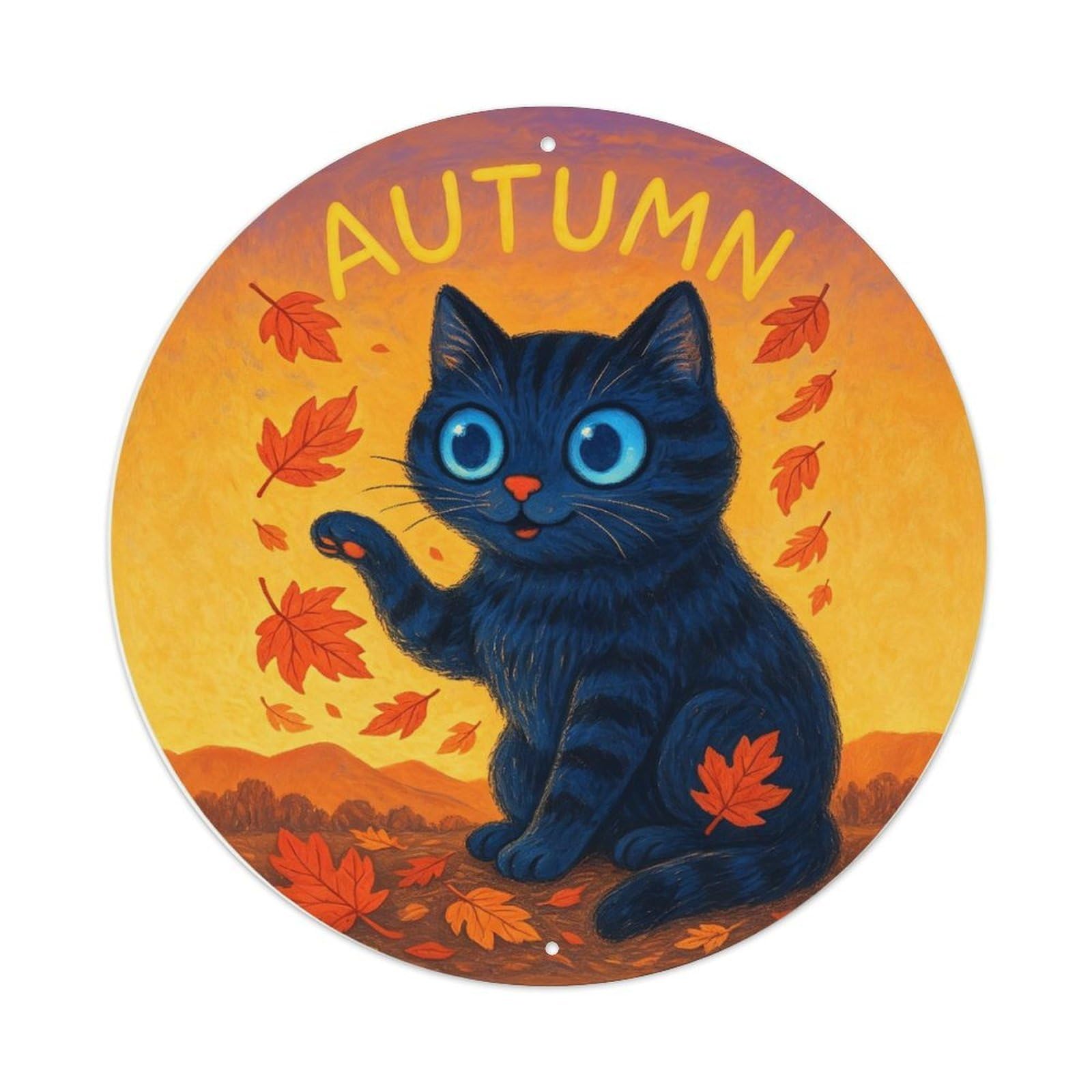 Animal Cute Playful Tabby Cat Fall Maple Leaves Retro Hand Drawn Metal Tin Sign Plaque Wall Decor for Cafe, Club, Garden Round Metal Poster 8x8Inch