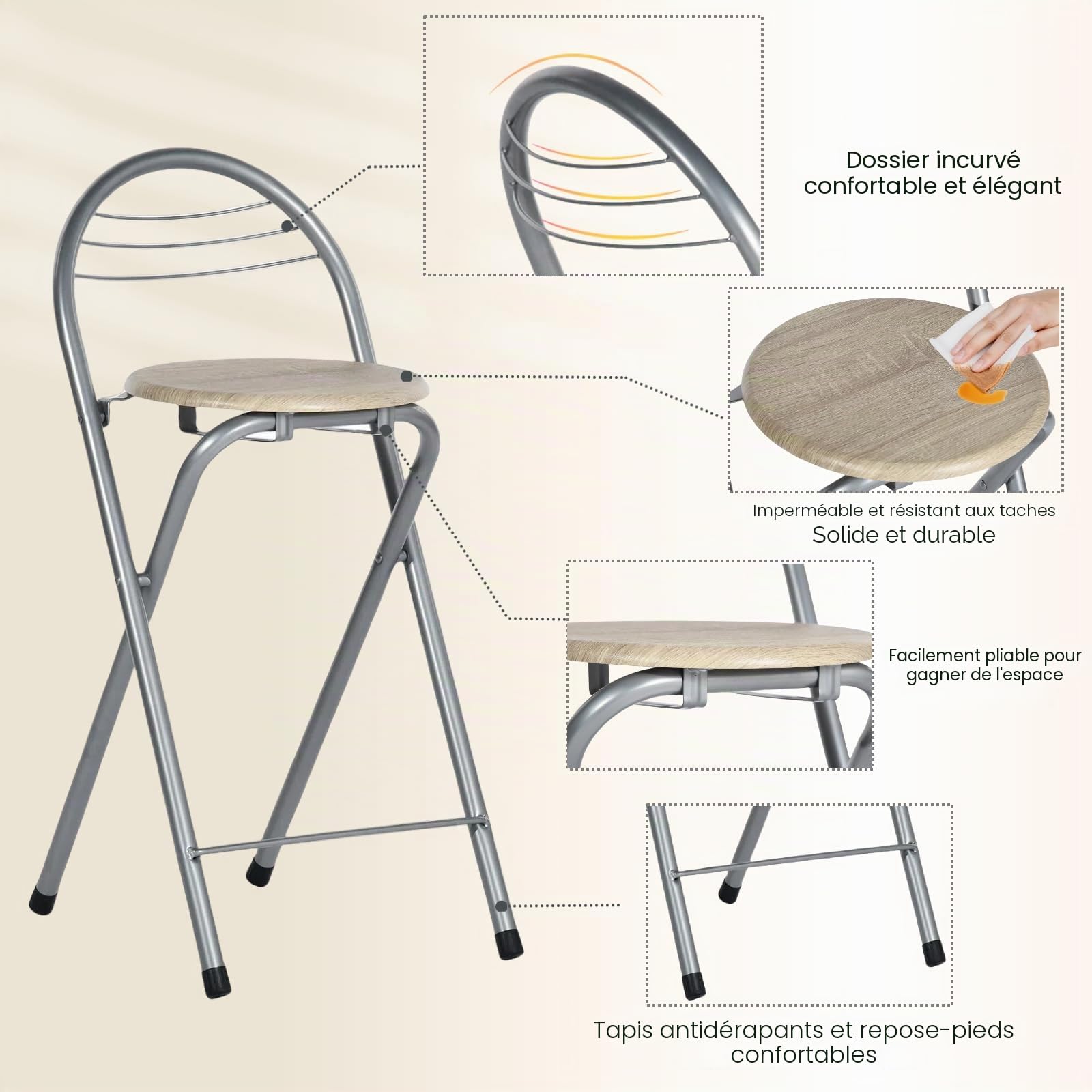 Tabourets Bar Pliants Lot de 2,sans Assemblage,Tabourets de Bar d'Extérieur Portables pour Cuisines,Bistrots,Evènements Extérieurs, Hauteur Assise 61cm(Grain de Chêne et Argent)