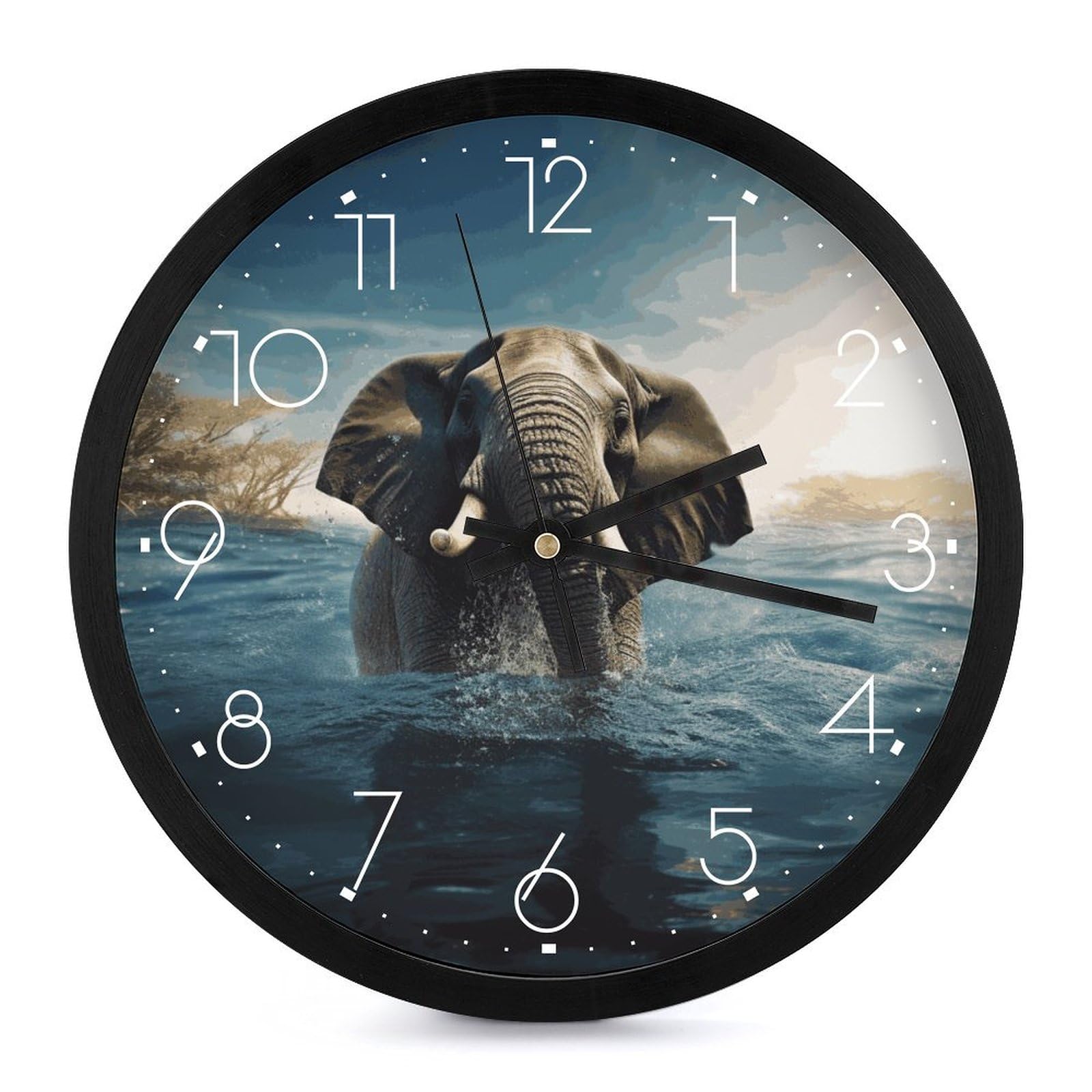 Horloge murale éléphant africain 25,4 cm ronde et silencieuse pour salon