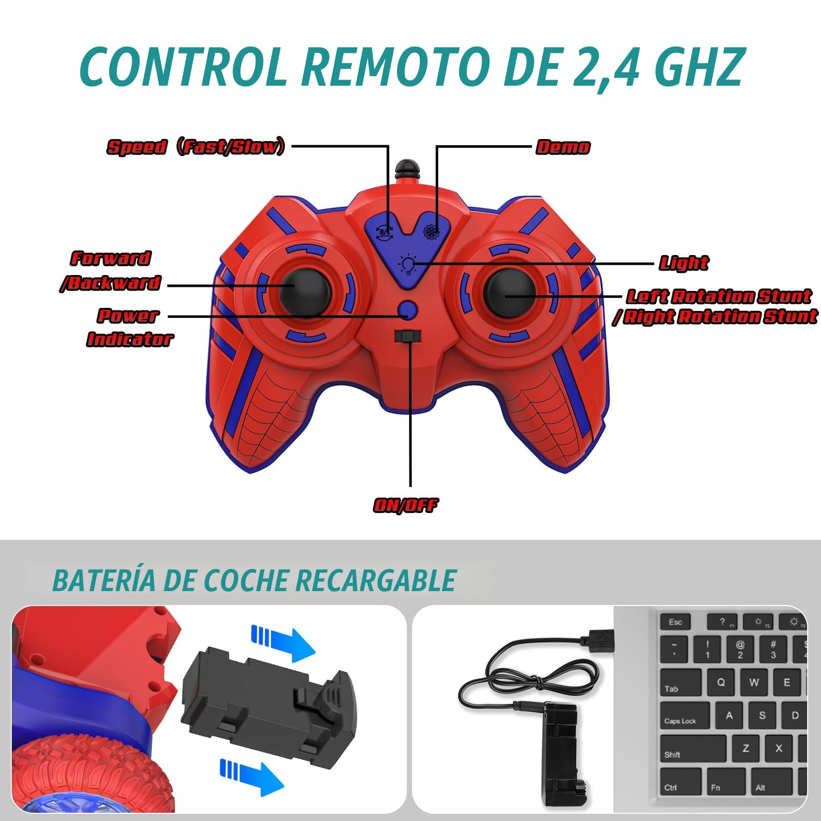 Coche Teledirigido Niños 4 5 6 7 8 9 10 Años, Spider Juguete Monster Truck RC Carro Radiocontrol Acrobático con Espectáculo de Luz, Remote Car Regalo Niña Cumpleaños Navidad Juego Infantiles Exterior