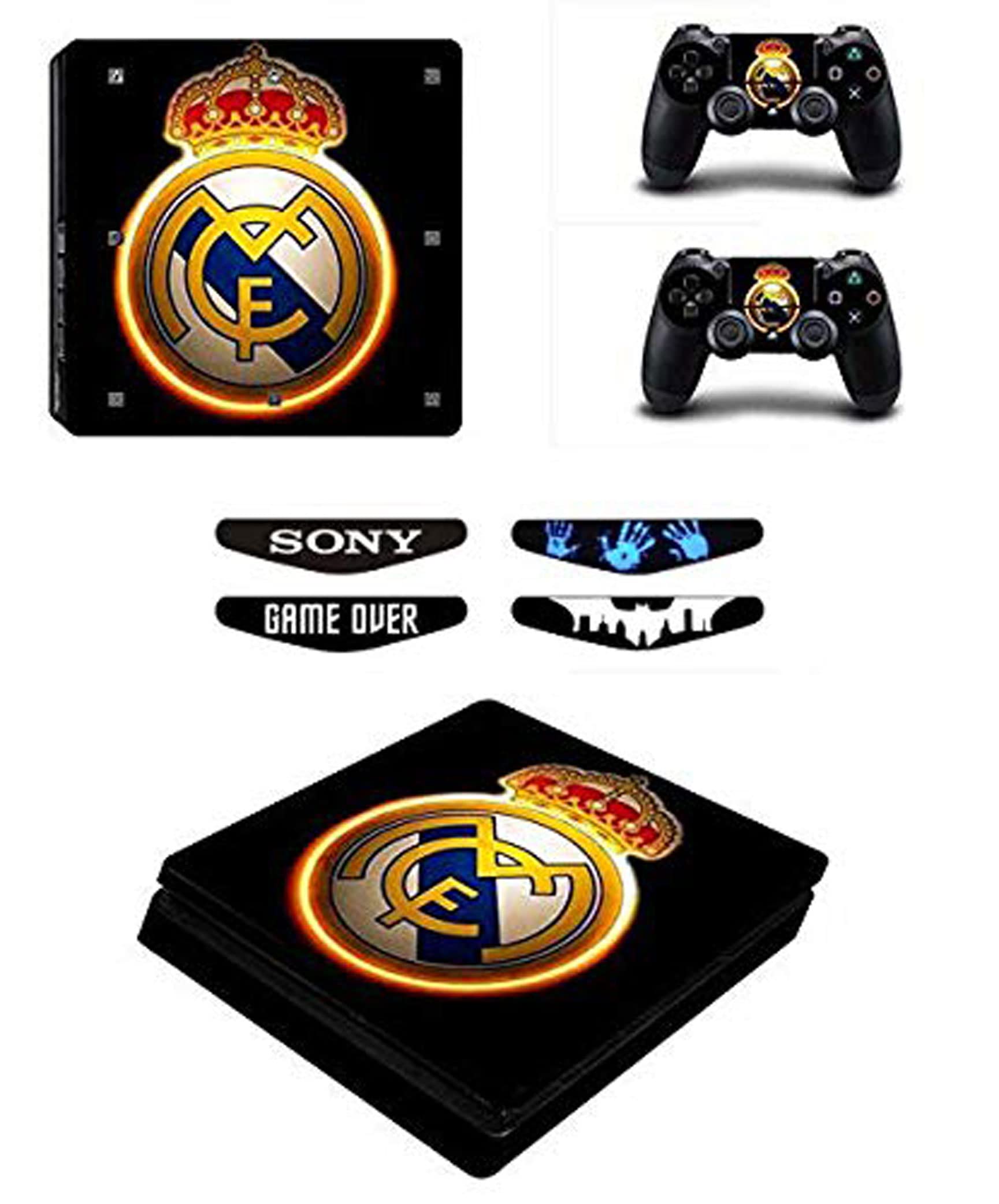 Elton Real Madrid Logo Theme 3M Skin Sticker Cover for PS4 Slim Console and Controllers Full Set Console Decal Stickers for Front & Back 4 Led bar Decal +2 Controller Decal Cover (B08WLXM17Z) Amazon Price History, Amazon Price Tracker