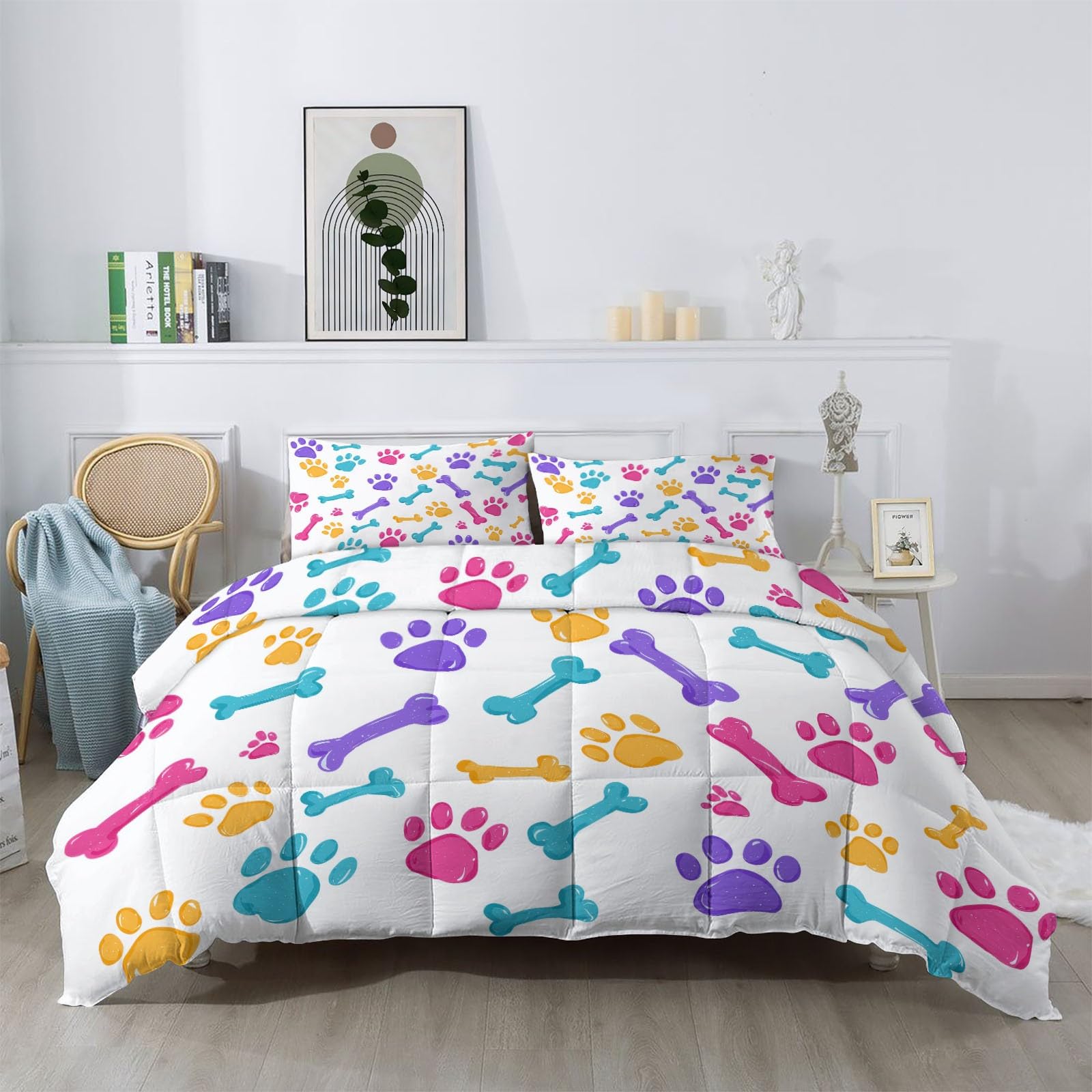 Kołdra 135 x 200 cm Nadruk Słodkie Zwierzęta Psy Kości - 4 pory roku Kolorowe dekoracje dla psów Odciski łap Odciski łap Miękki i ciepły dół z 2 poszewkami na poduszki, zmywalna kołdra z mikrofibry