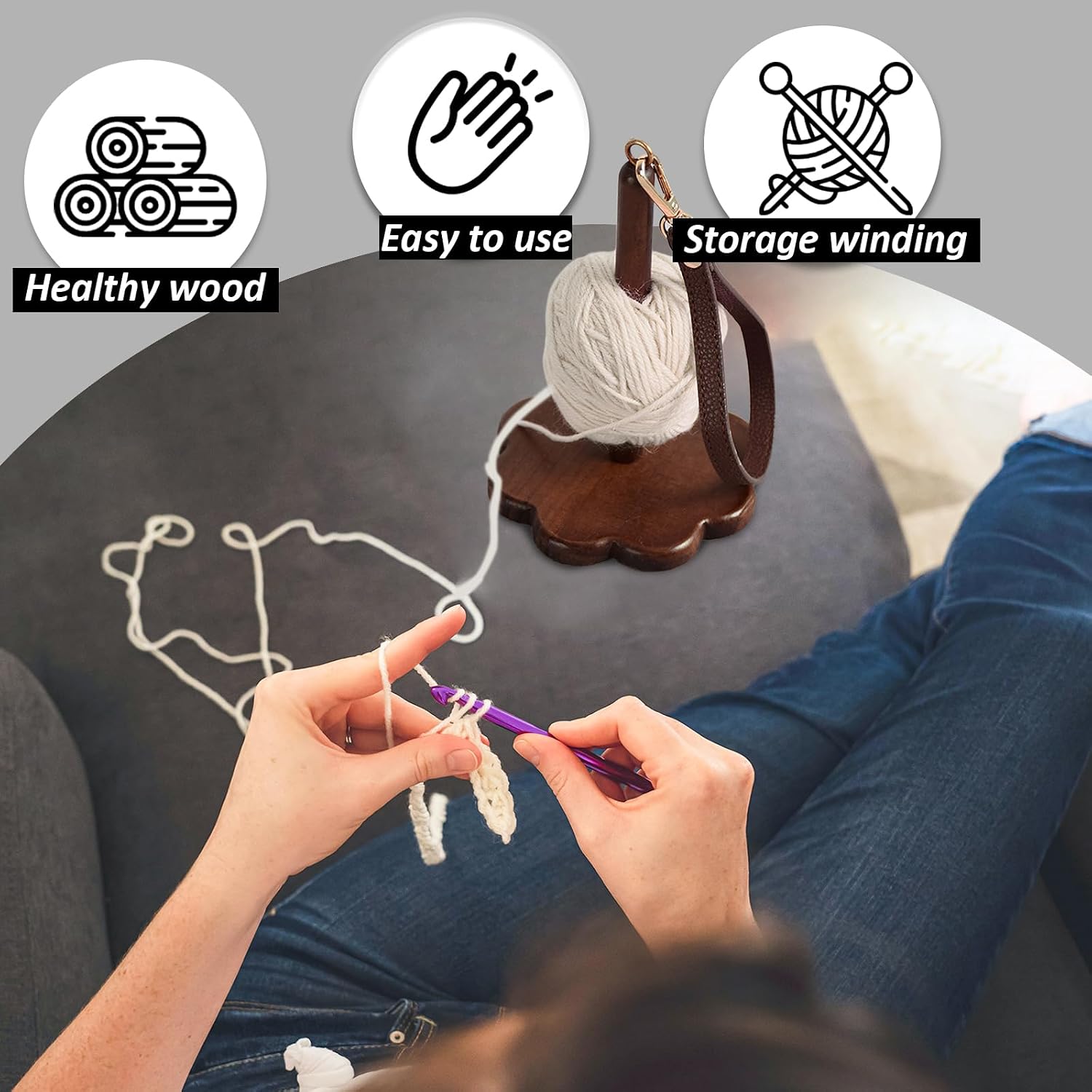 JasCherry 7.48x4.72 Inches Wrist Yarn Holder for Crochet & Knitting, Portable Yarn Organizer, Ergonomic Portable Yarn Guide, Tangle-Free Craft Accessory, Hands-Free Yarn Management Tool​(Walnut) image 3