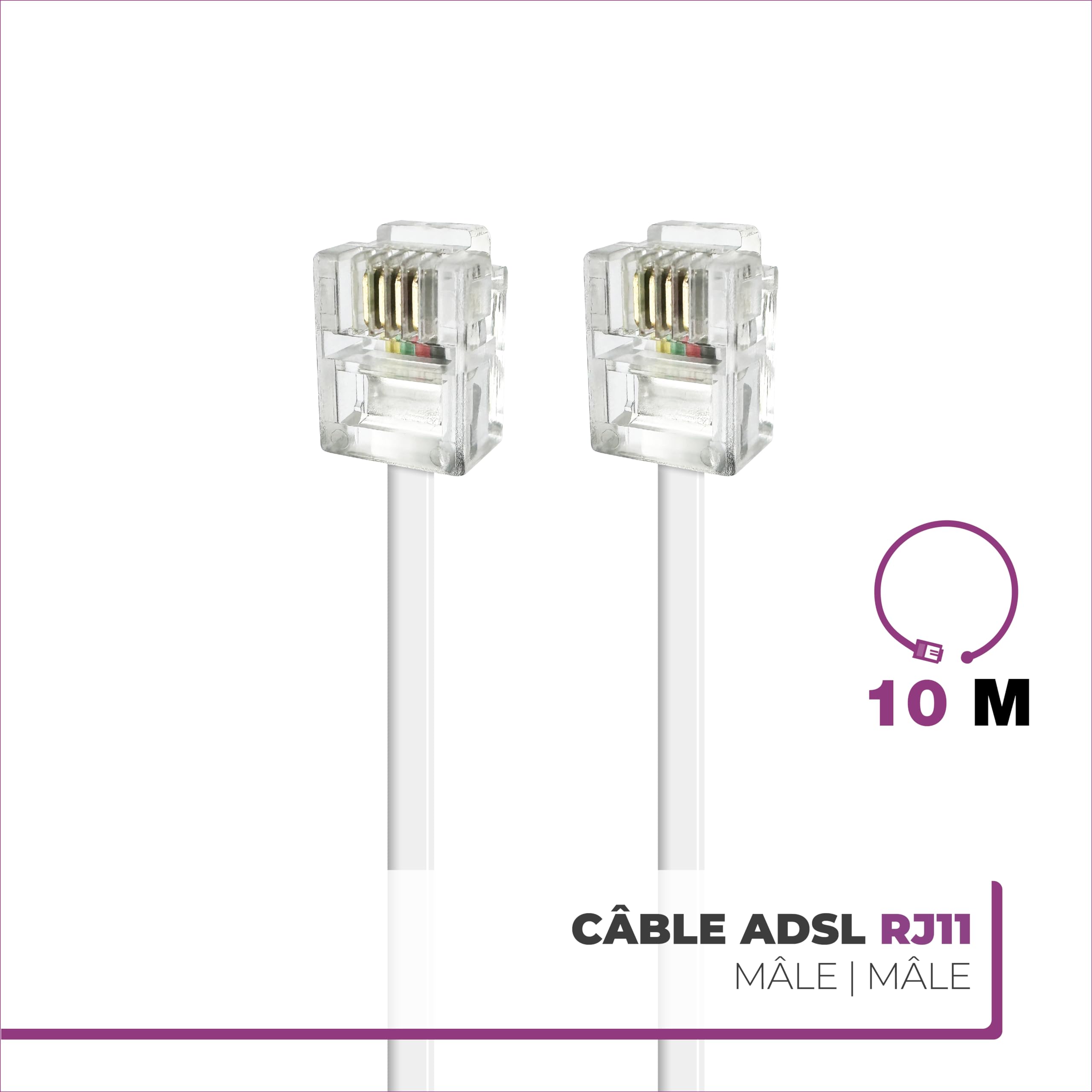 Câble ADSL RJ11 10M Cordon Téléphonique Modulaire 6P4C Plat ISDN DSL VDSL Blanc