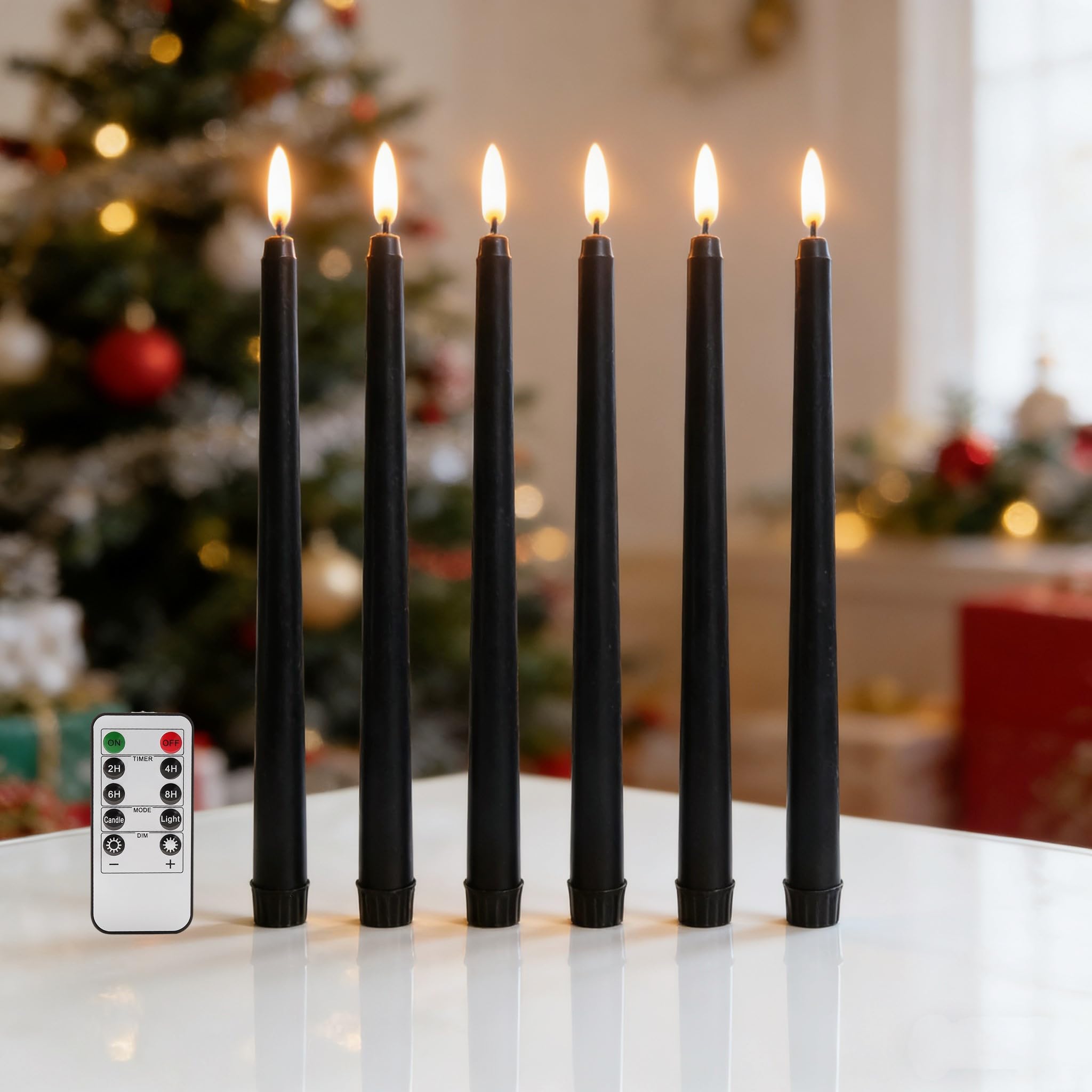 Black Flameless Taper Candles with Remote, Flickering LED Candlesticks Battery Powered Set of 6