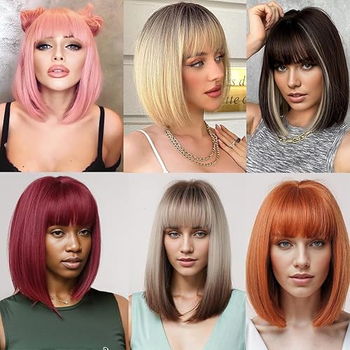 Miniatura 6 de Colorful Queen Pelucas Bob con flequillo, pelucas cortas estilo Bob para mujer, mezcla de negro, marrón, Yaki, pelucas de pelo sintético lacio,