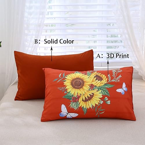 Miniatura 7 de Juego de ropa de cama de girasol, tamaño Queen, floral, 3 piezas, color naranja quemado, mariposas para niños y mujeres, terracota botánico óxido