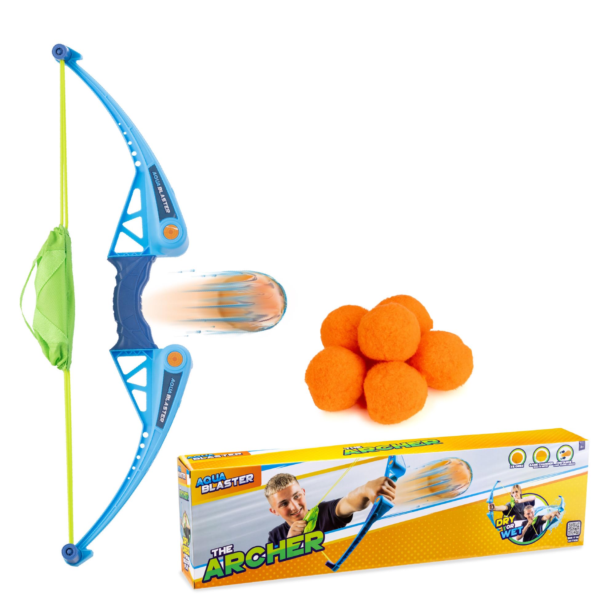 Aqua Blaster Archer, Kids Bow Launcher Toy with 1 Bow and 6 Soft Cotton Balls, Outdoor Slingshot for Summer Fun, Garden Games, Water Play and Pool Party Activities